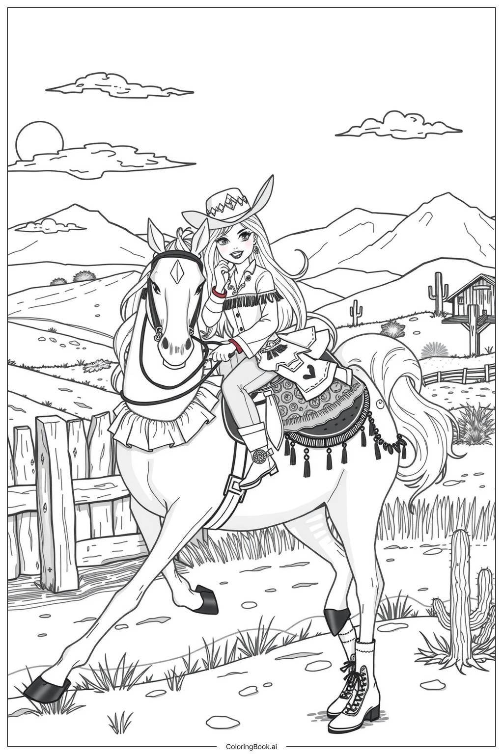 Barbie Cowgirl Riding A Horse Coloring Page Free PDFu0026PNG Printable 
