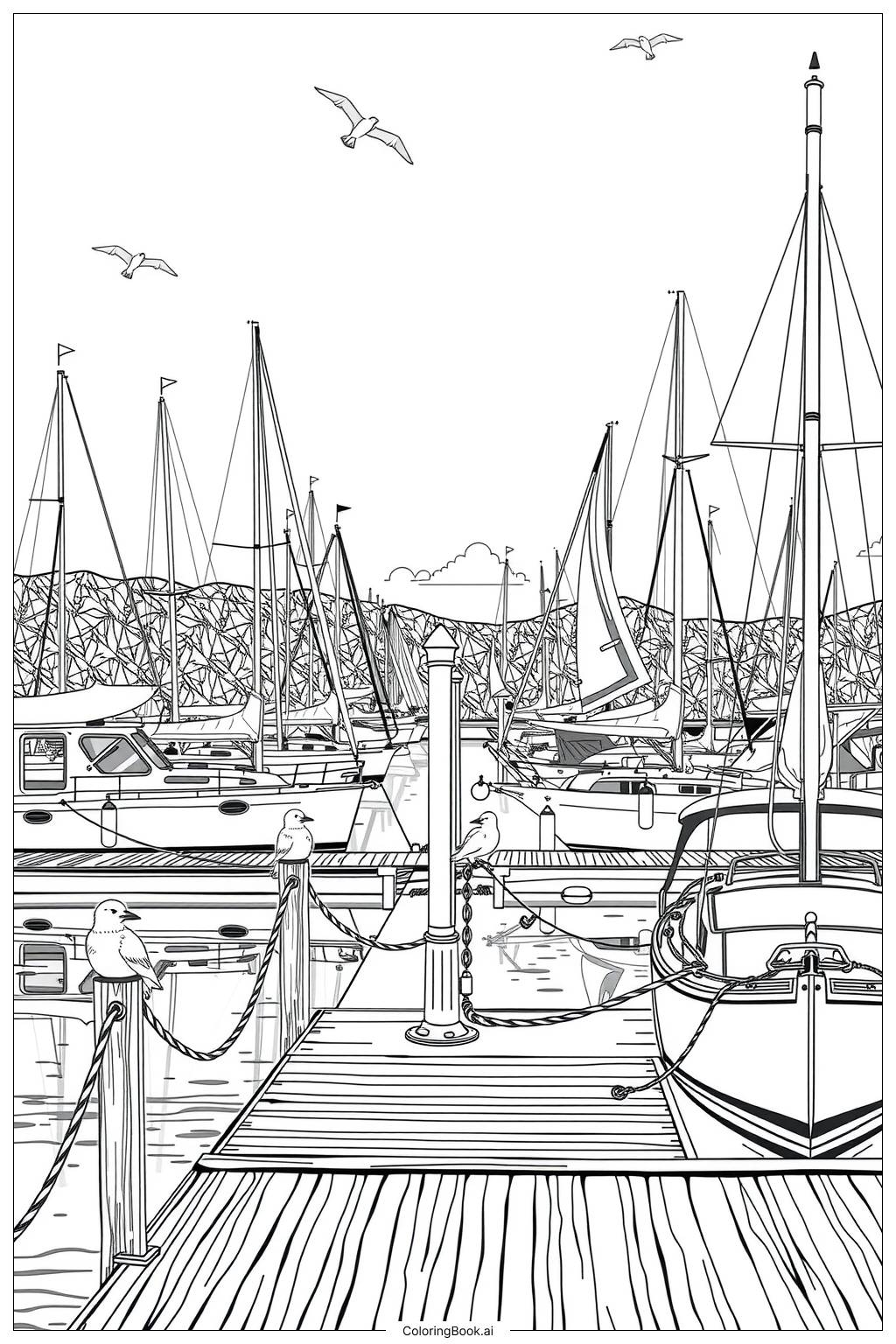Boat Docked At A Busy Marina Coloring Page Free PDF PNG Printable 
