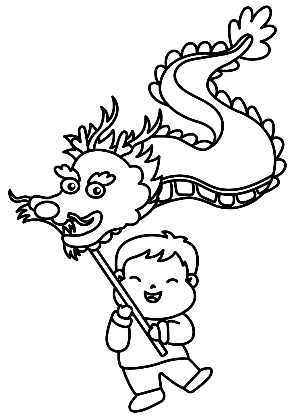 Boy Walking With Dragon On Stick For Chinese New Year Coloring Page