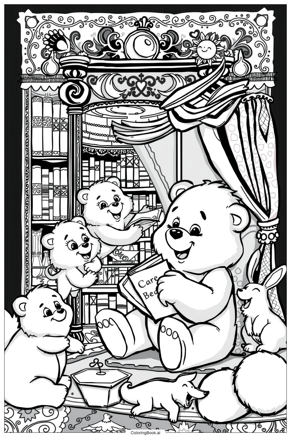 Care Bear Reading A Story To Friends Coloring Page Free PDF PNG Printable Care Bear Reading A Story To Friends Coloring Page Free PDF PNG Printable