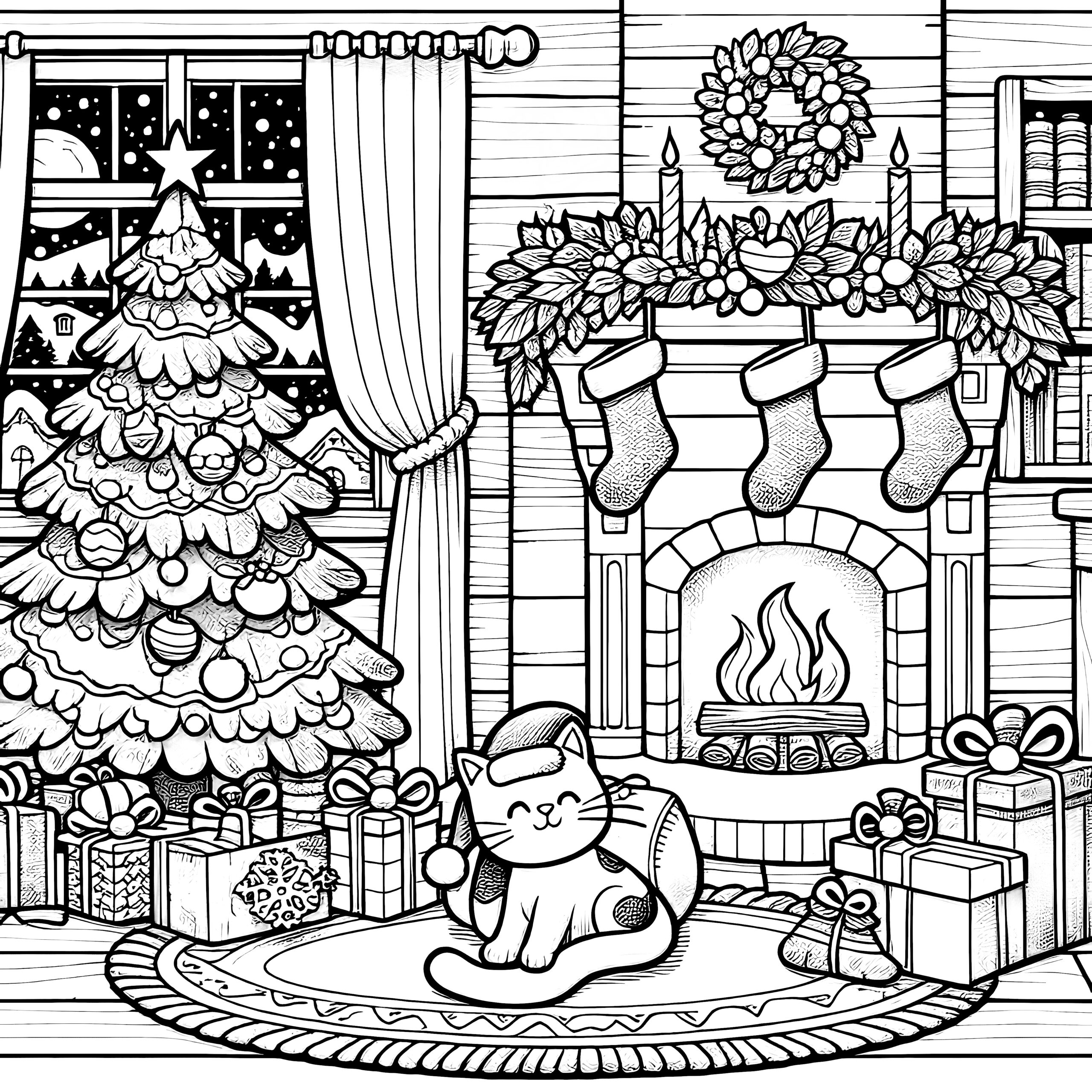 Cat In Front Of Fireplace U0026 Christmas Tree coloring Page 