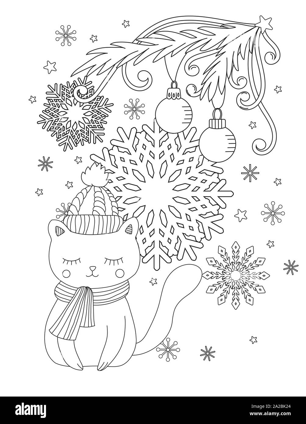 Christmas Coloring Page For Kids And Adults Cute Cat With Scarf And Knitted Cap Hand Drawn Vector Illustration Stock Vector Image Art Alamy