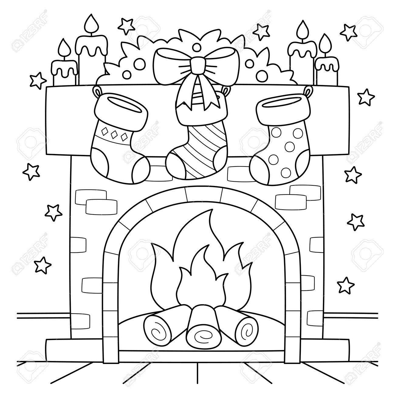 Christmas Fireplace With Stocking Coloring Page Royalty Free SVG Cliparts Vectors And Stock Illustration Image 191401038 