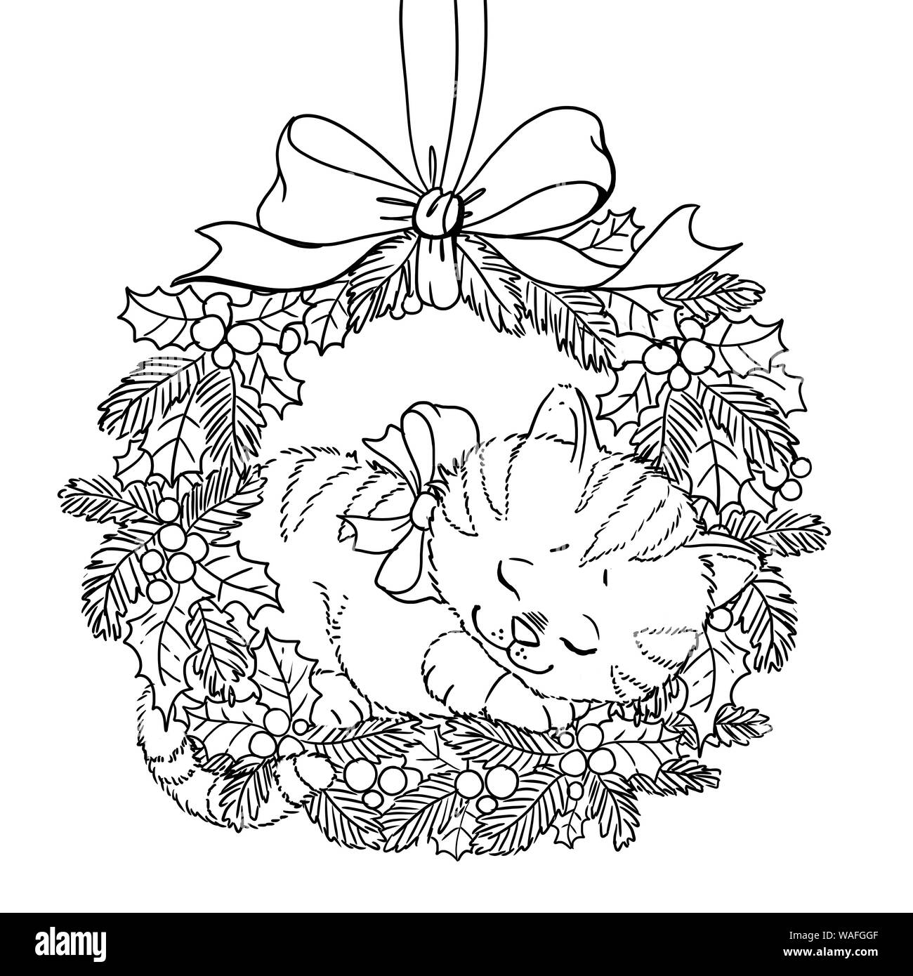 Christmas Wreath Coloring Page Doodle Pattern With Cute Sleeping Kitten And A Bow Stock Photo Alamy