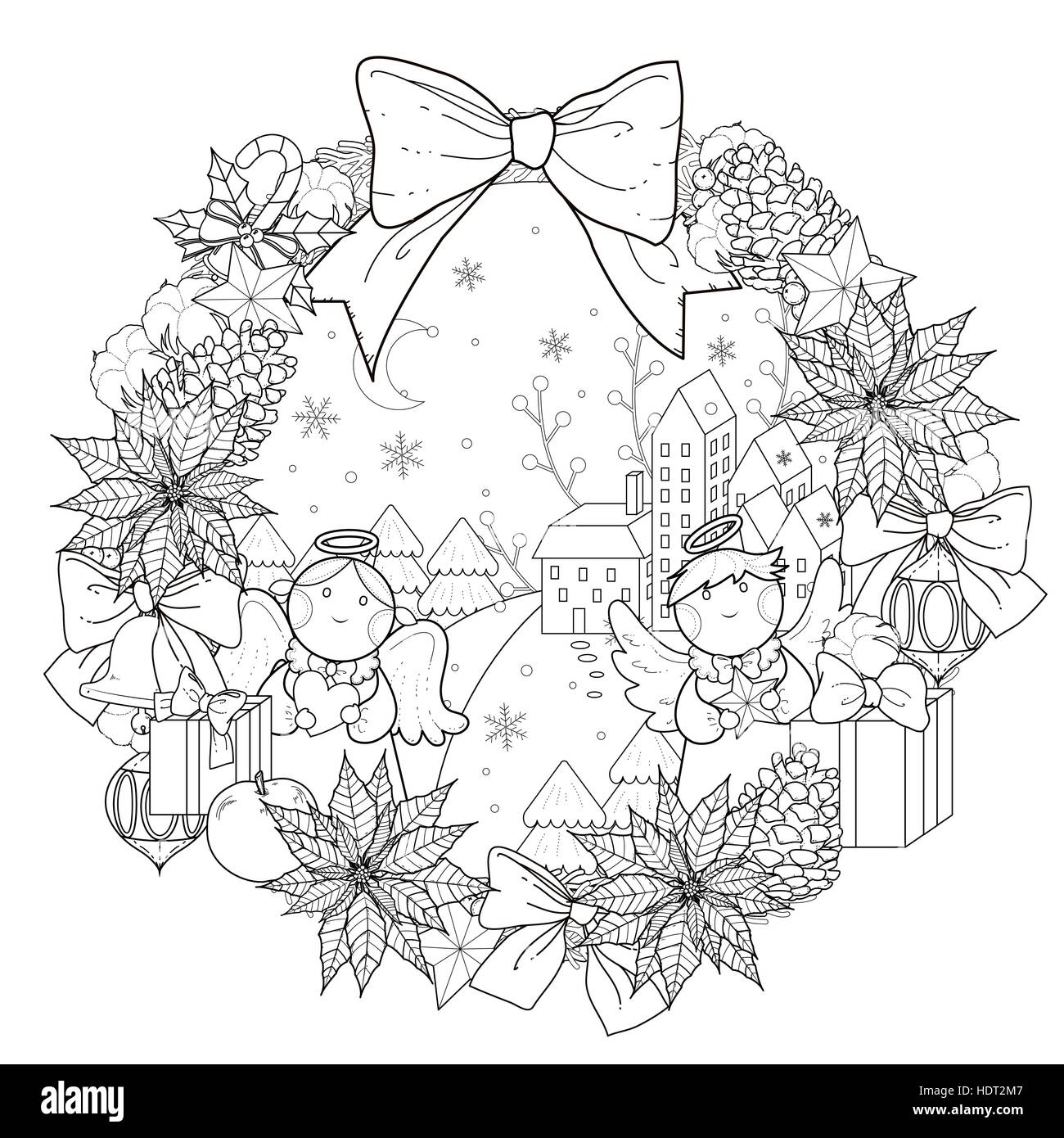 Christmas Wreath Coloring Page With Decorations In Exquisite Line 