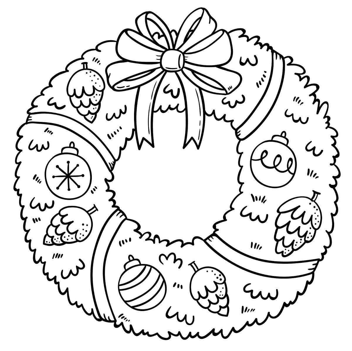 Christmas Wreath With A Bow Baubles And Pine Cones Coloring Page