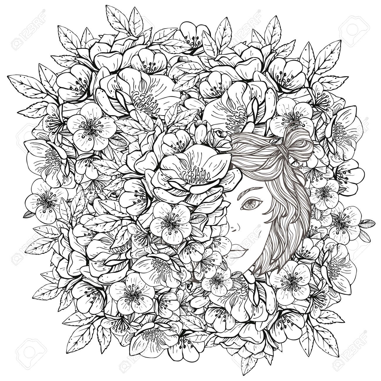 Colouring Pictures With Girl And Flower Art Therapy Coloring Page For Adults And Children Royalty Free SVG Cliparts Vectors And Stock Illustration Image 175709006 