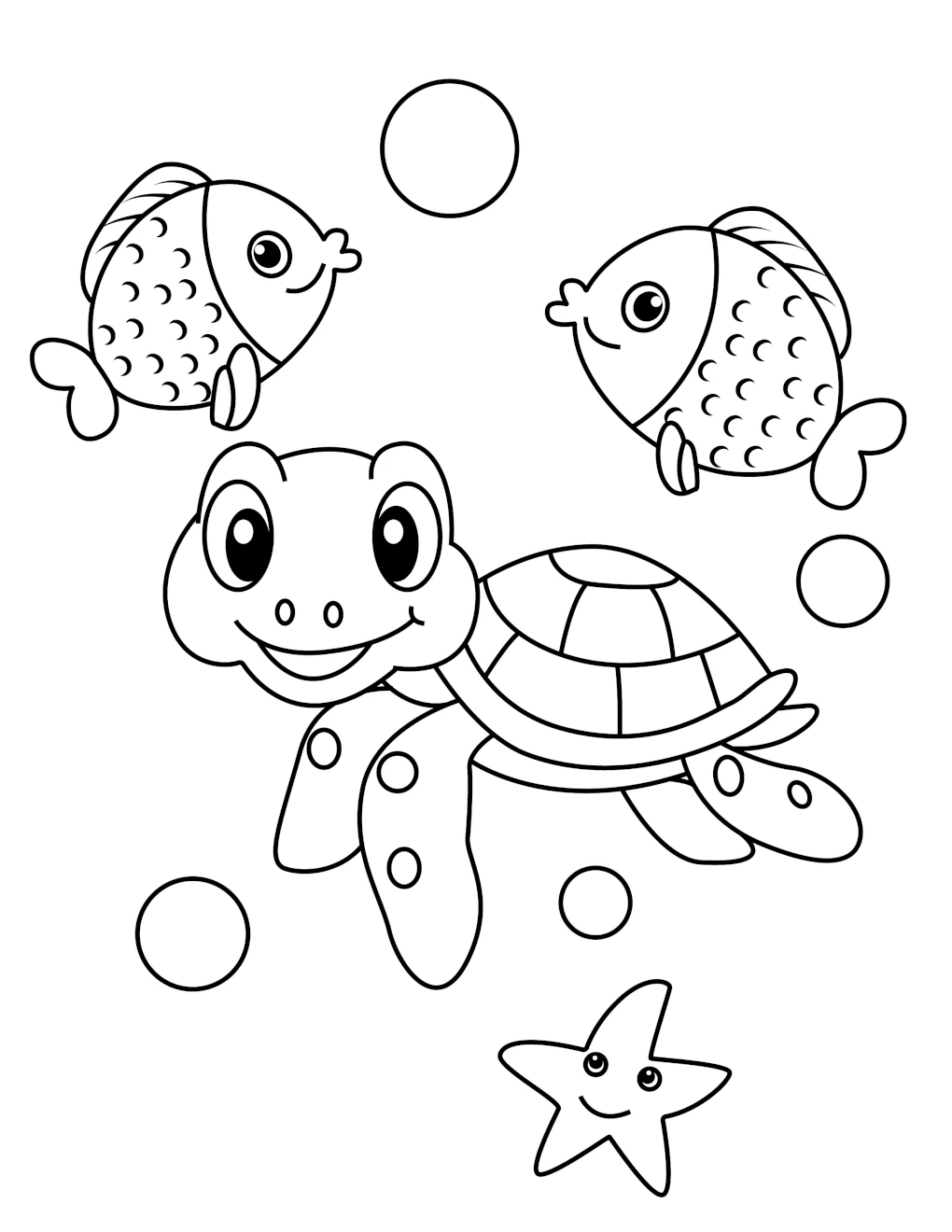 Cute Sea Turtle With Fish And Starfish Coloring Page Cute Sea Turtle With Fish And Starfish Coloring Page
