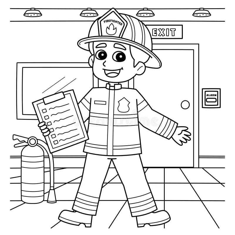 Firefighter With A Fire Safety Checklist Coloring Stock Vector Illustration Of Outline Coloring 318189908