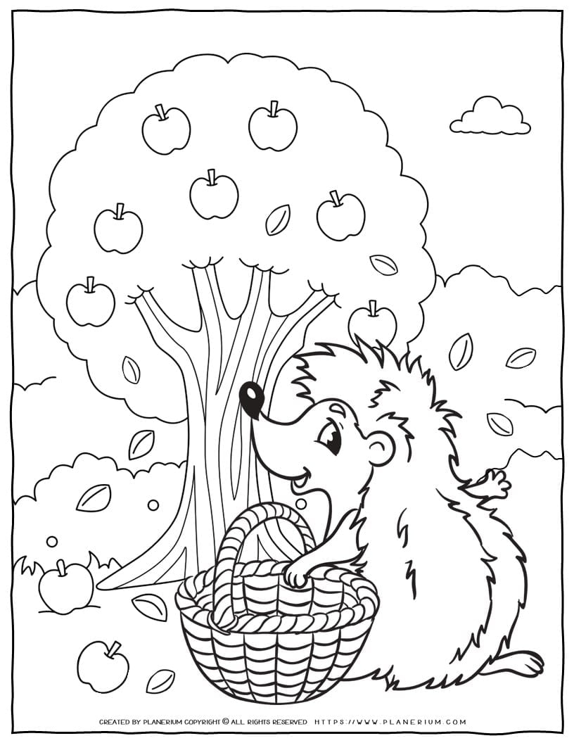 Free Fall Coloring Page Hedgehog With Apple Tree For Kids