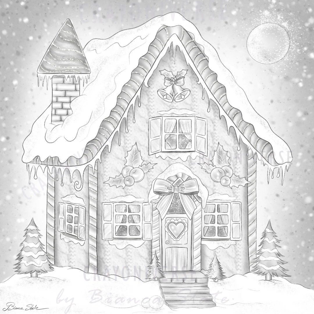 Gingerbread House Coloring Page Instant Download Printable File Hand Made Grayscale Illustration Bianca State Christmas Etsy UK