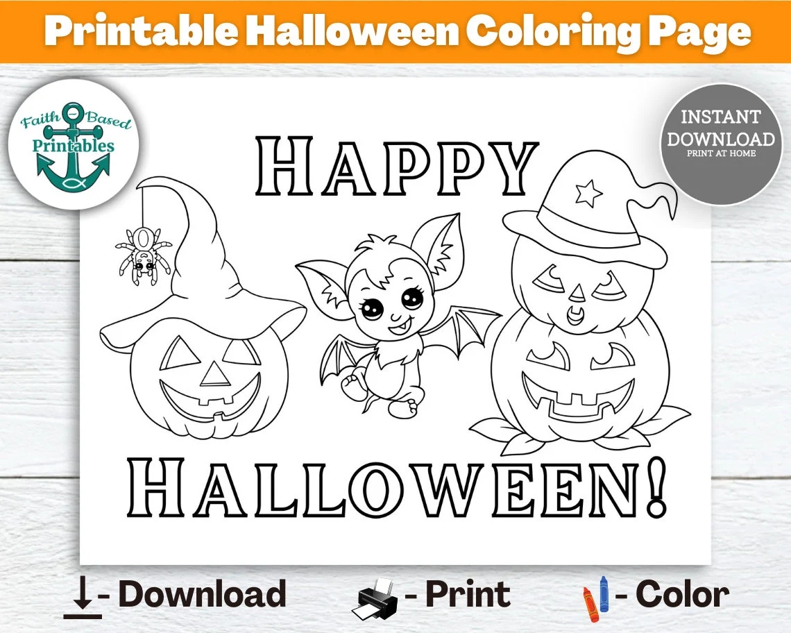 Happy Halloween Coloring Page Printable Pumpkin Coloring Sheet Jack o lantern Color October Activity Book Toddler Activities Cute Bat PDF Etsy