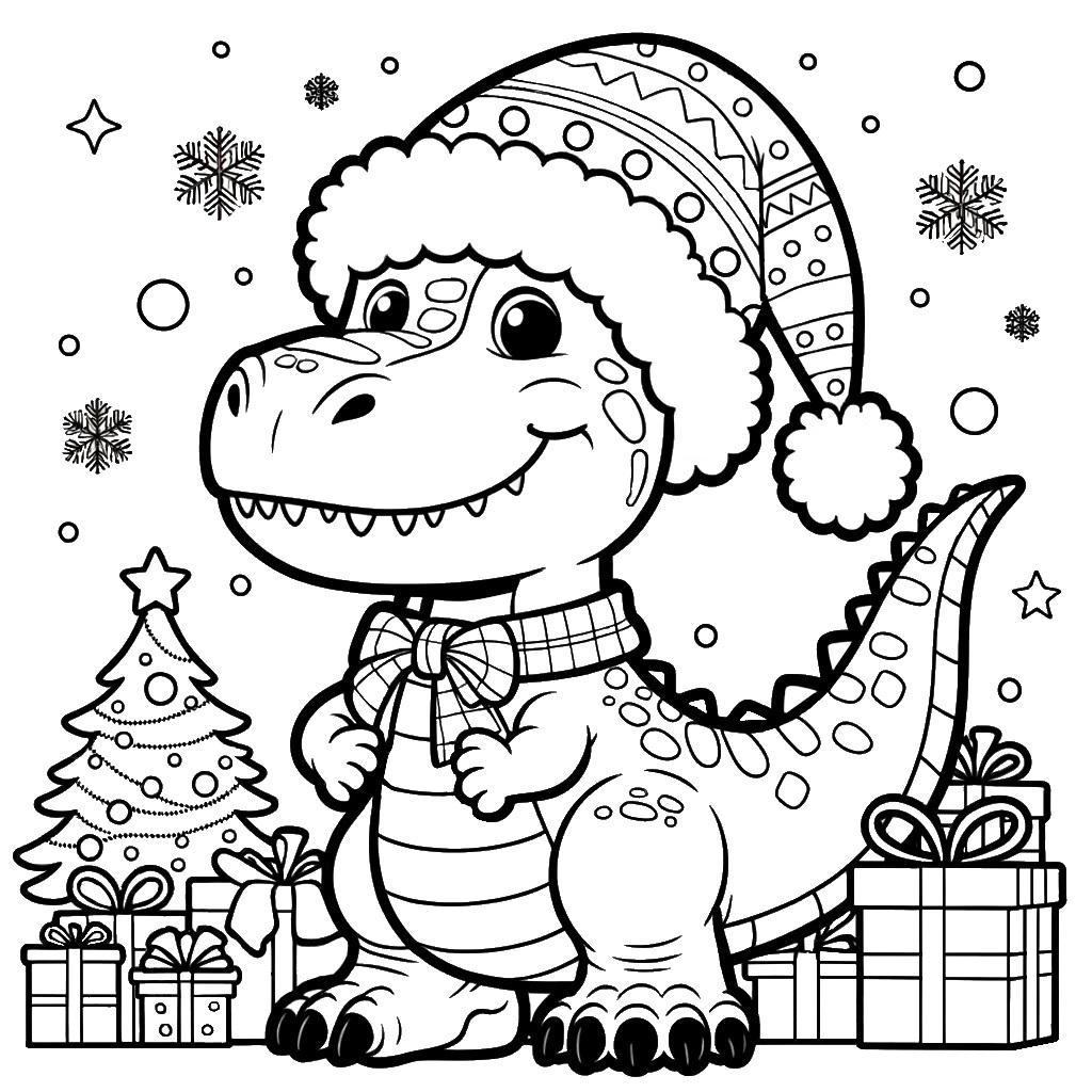 Kawaii Christmas Dinosaur Coloring Page To Print free PDF 