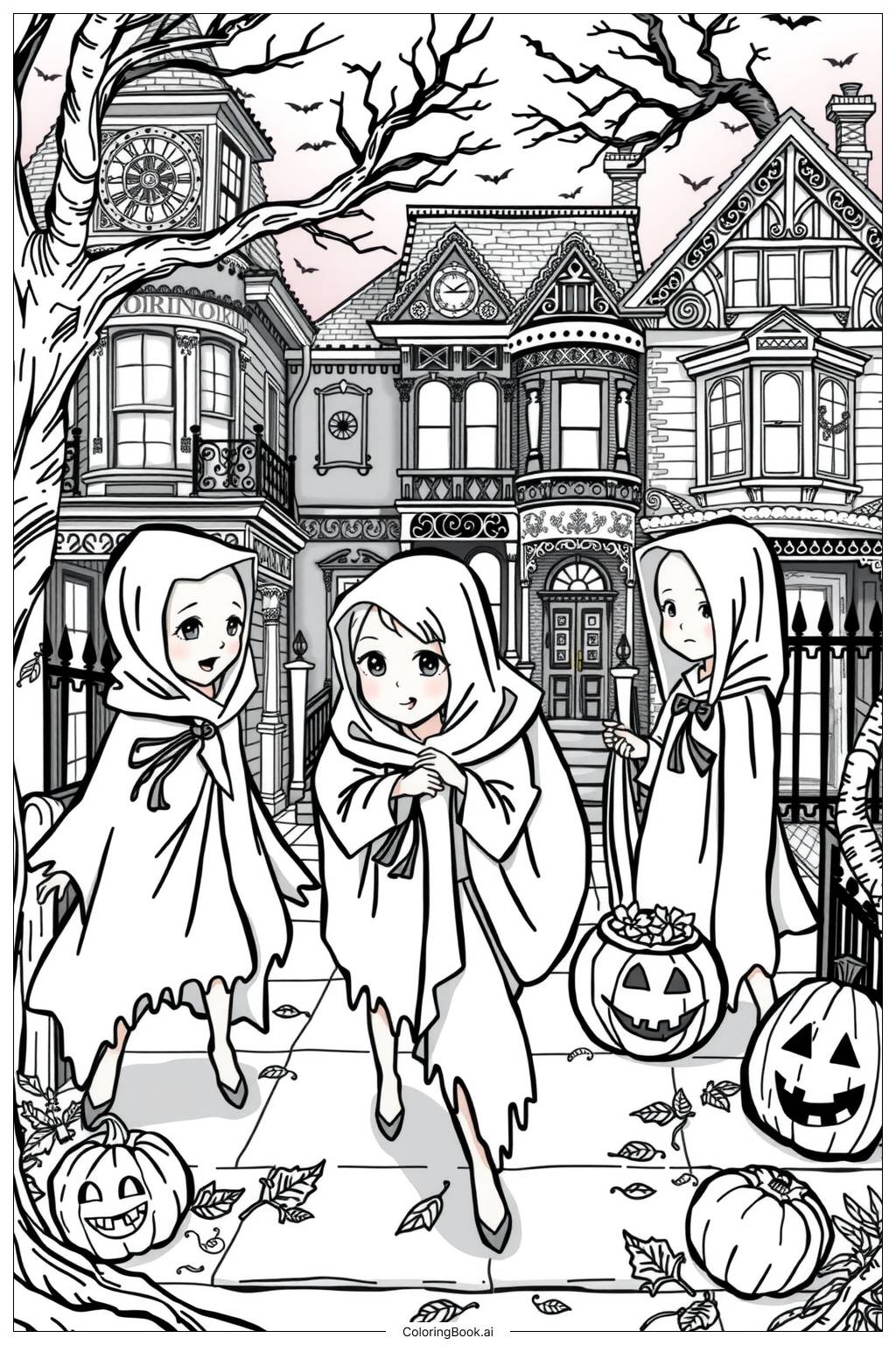 Kids Dressing As Ghosts For Halloween Coloring Page Free PDFu0026PNG Kids Dressing As Ghosts For Halloween Coloring Page Free PDFu0026PNG