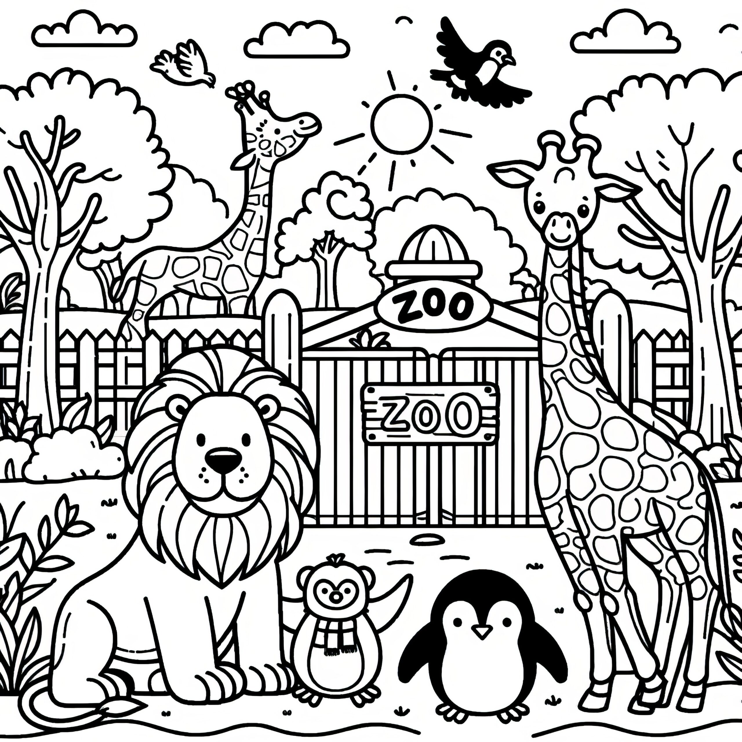 Lion Giraffes And Penguin At The Zoo Cute Coloring Picture For Lion Giraffes And Penguin At The Zoo Cute Coloring Picture For