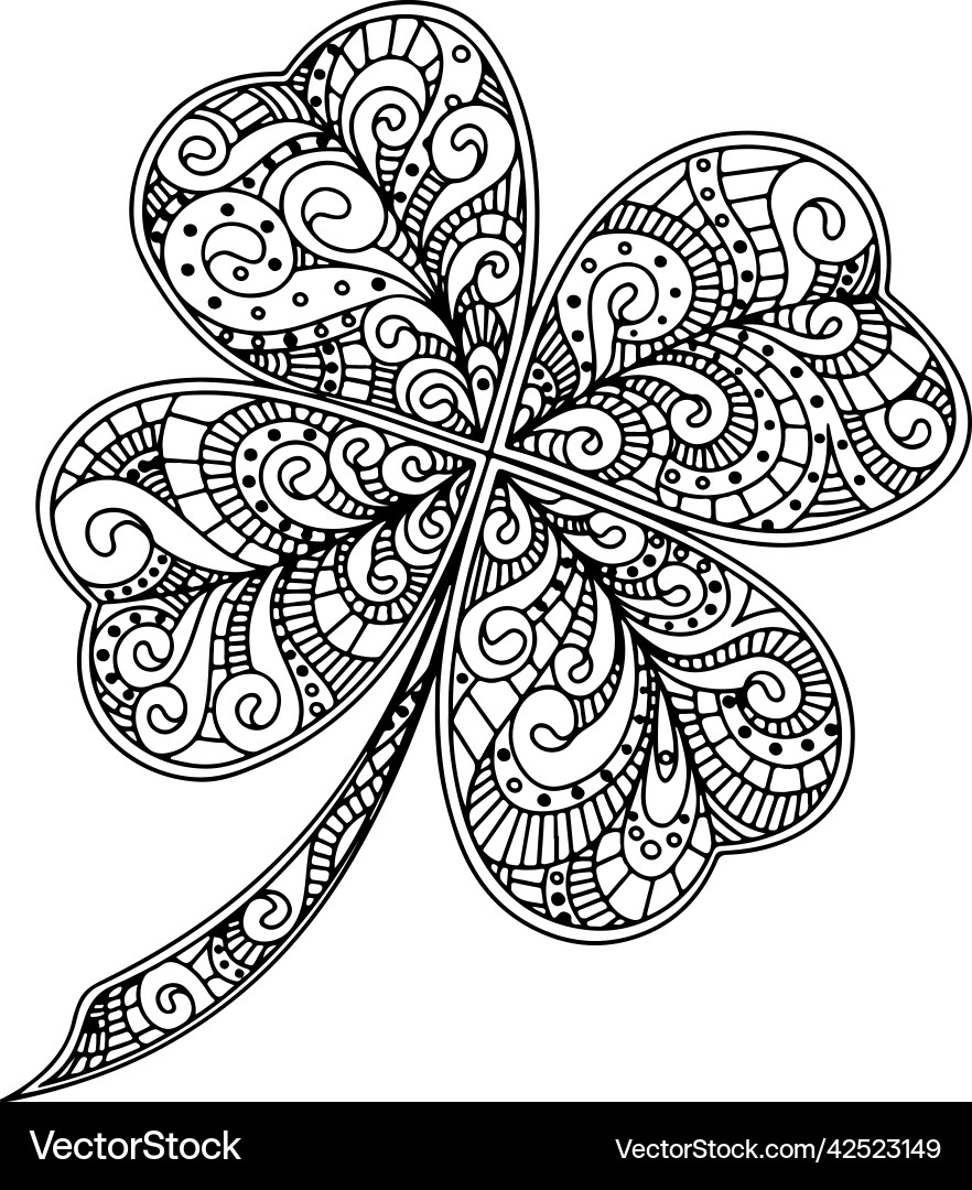 Lucky Four leaf Clover Coloring Page Printable Vector Image