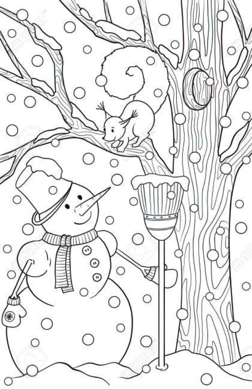 New Year And Christmas Theme Black And White Graphic Doodle Hand Drawn Sketch For Adult Coloring Book Winter Landscape With Pine Snow Snowmen And Squirrel Royalty Free SVG Cliparts Vectors And Stock