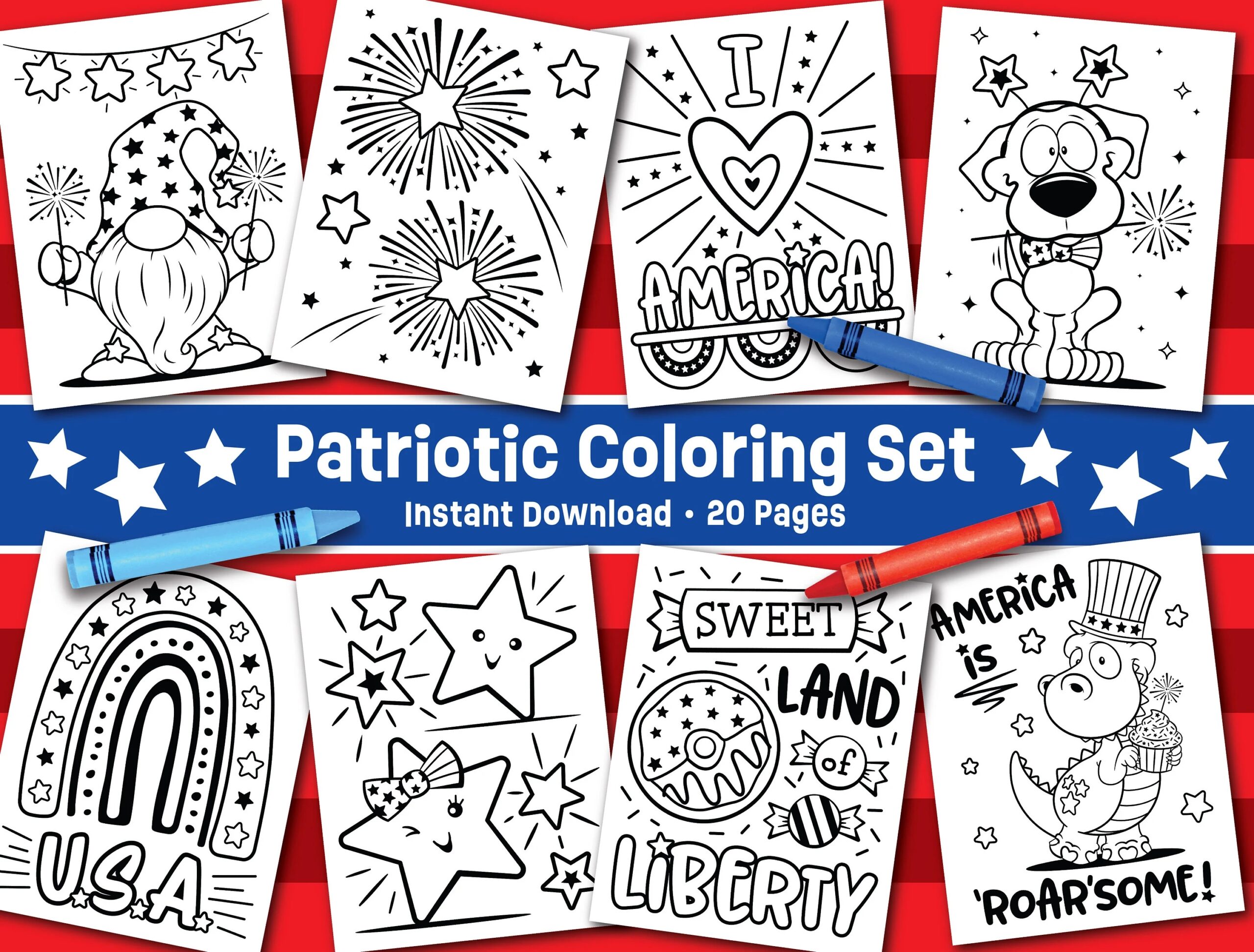 Patriotic Coloring Page Set Instant Download 4th Of July Kids Coloring Activity Kid USA Party Favors Fourth Of July Coloring Etsy