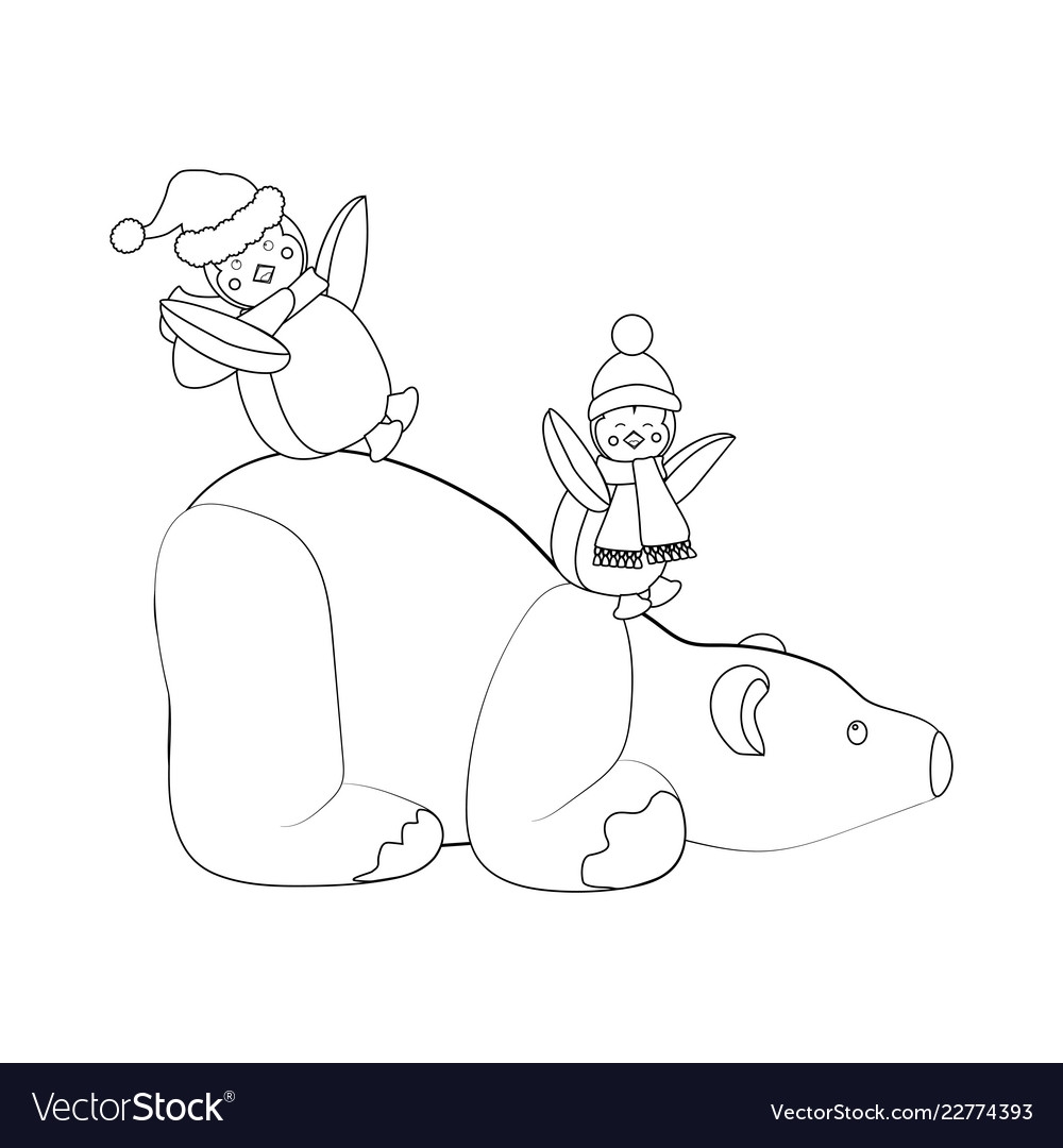 Polar Bear And Penguins Coloring Page Royalty Free Vector