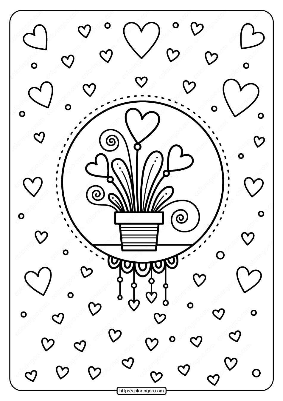 Printable Hearts In Flower Pot Pdf Coloring Page