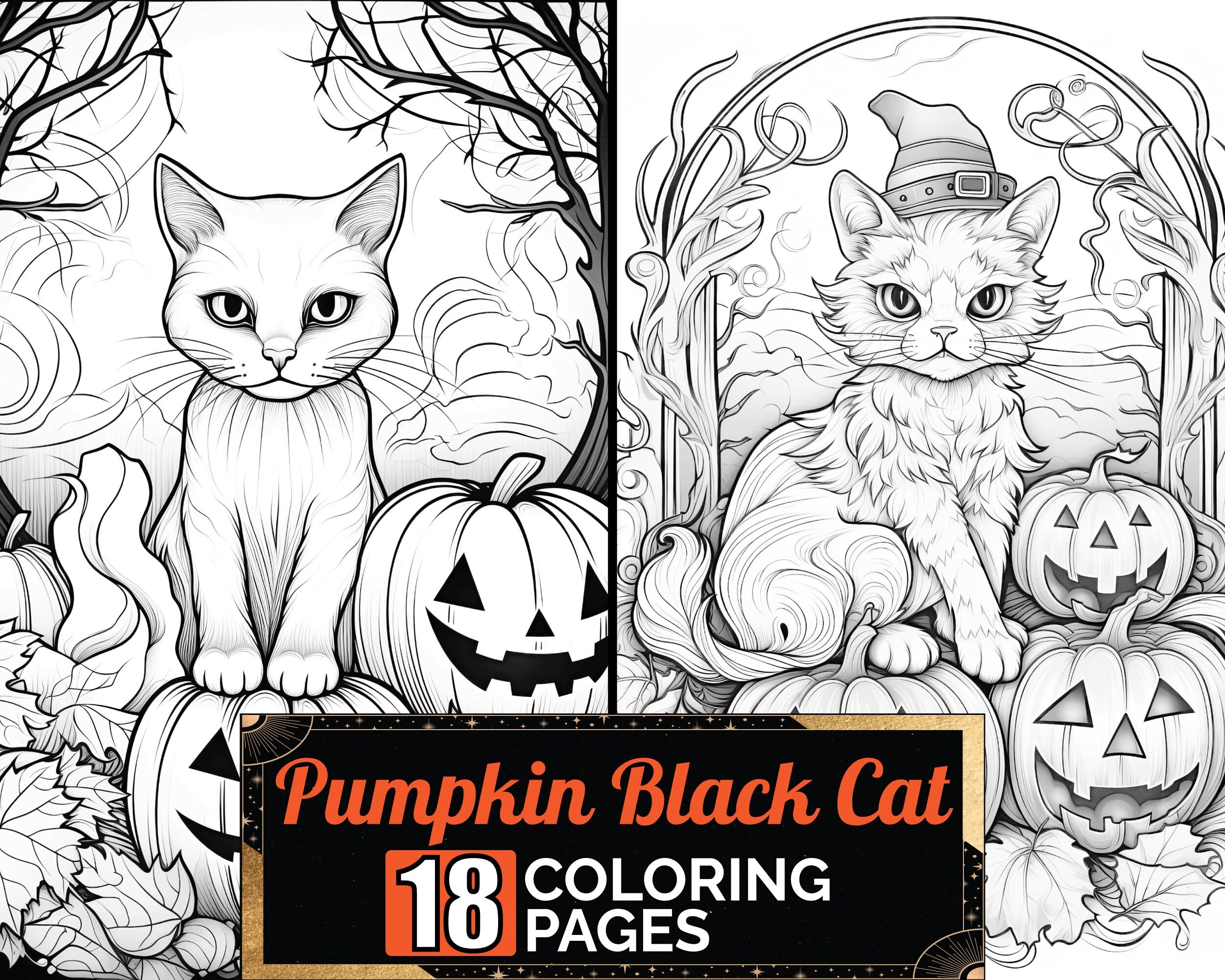 Pumpkin Sitting Black Cat Coloring Book 18 Greyscale Adult U0026 Kids Detailed Halloween Theme Page A4 Sheet Printable Digital PDF Download Etsy