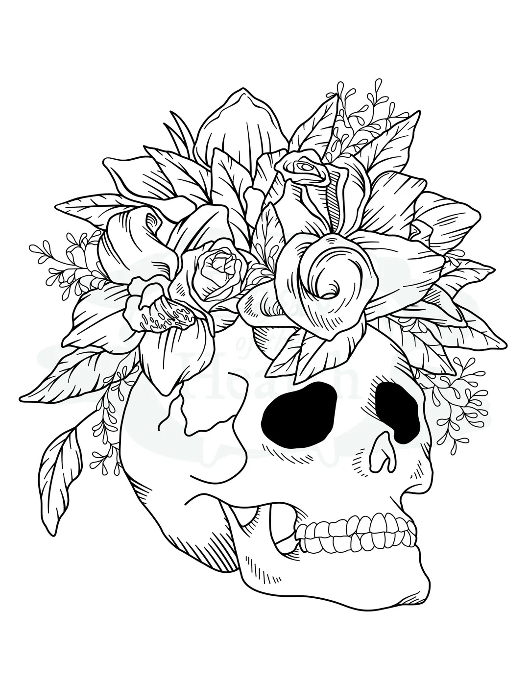 Skull With Flowers Printable Coloring Page Etsy UK Skull With Flowers Printable Coloring Page Etsy UK