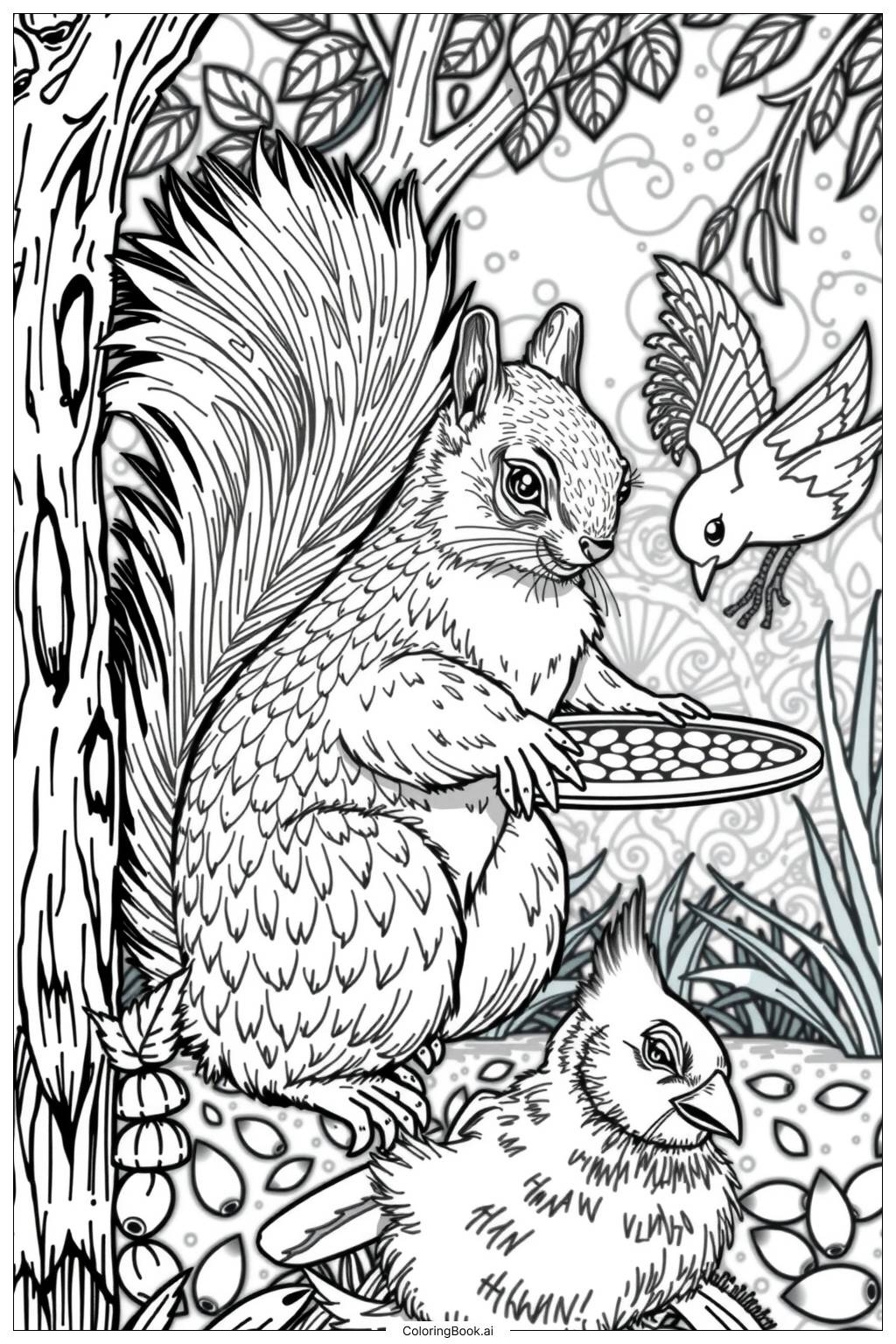 Squirrel And Friends At The Bird Feeder Coloring Page Free PDF PNG Printable Squirrel And Friends At The Bird Feeder Coloring Page Free PDF PNG Printable