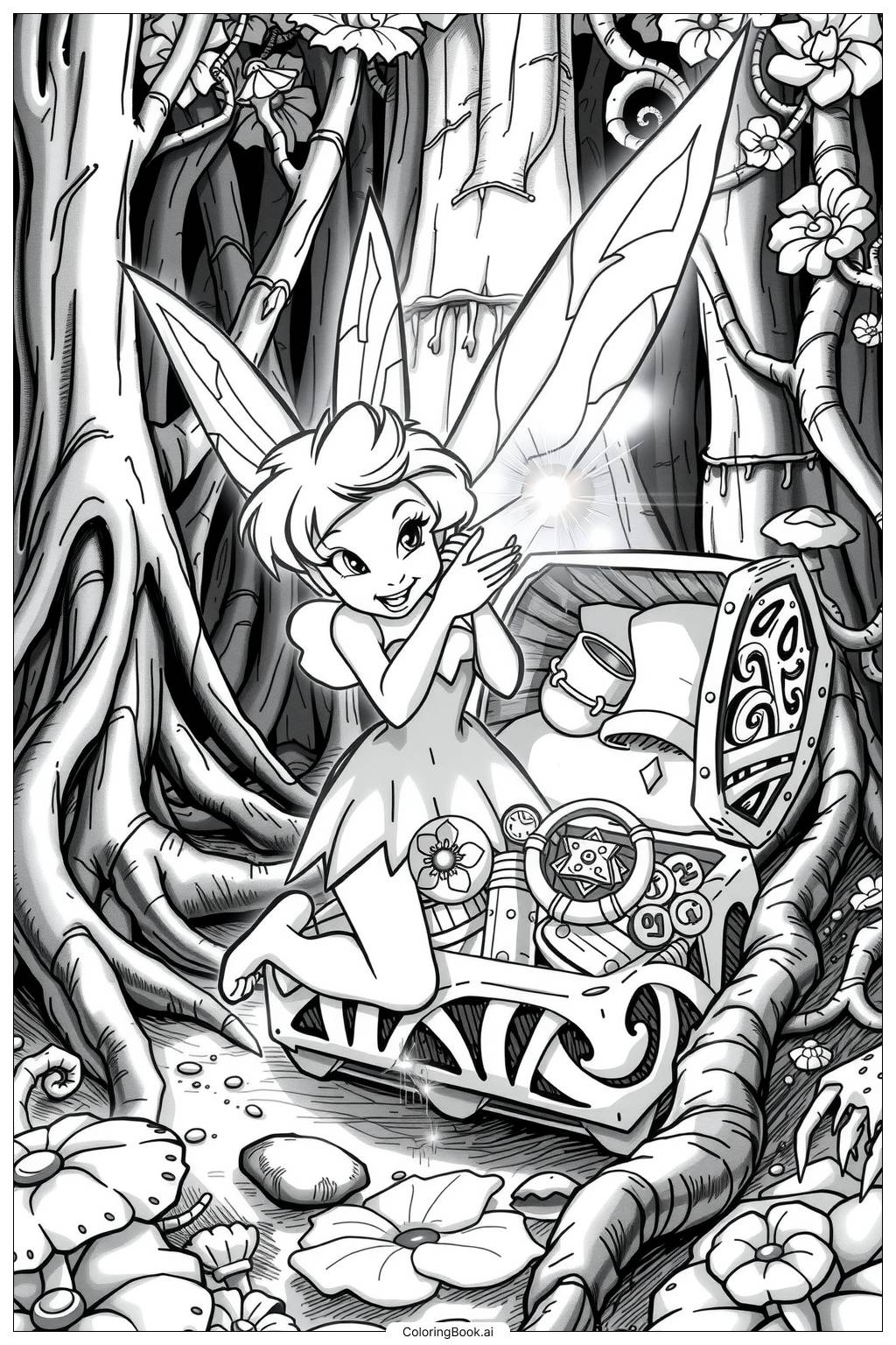 Tinkerbell Discovering A Hidden Treasure In The Forest 2 Coloring Page Free PDF PNG Printable 