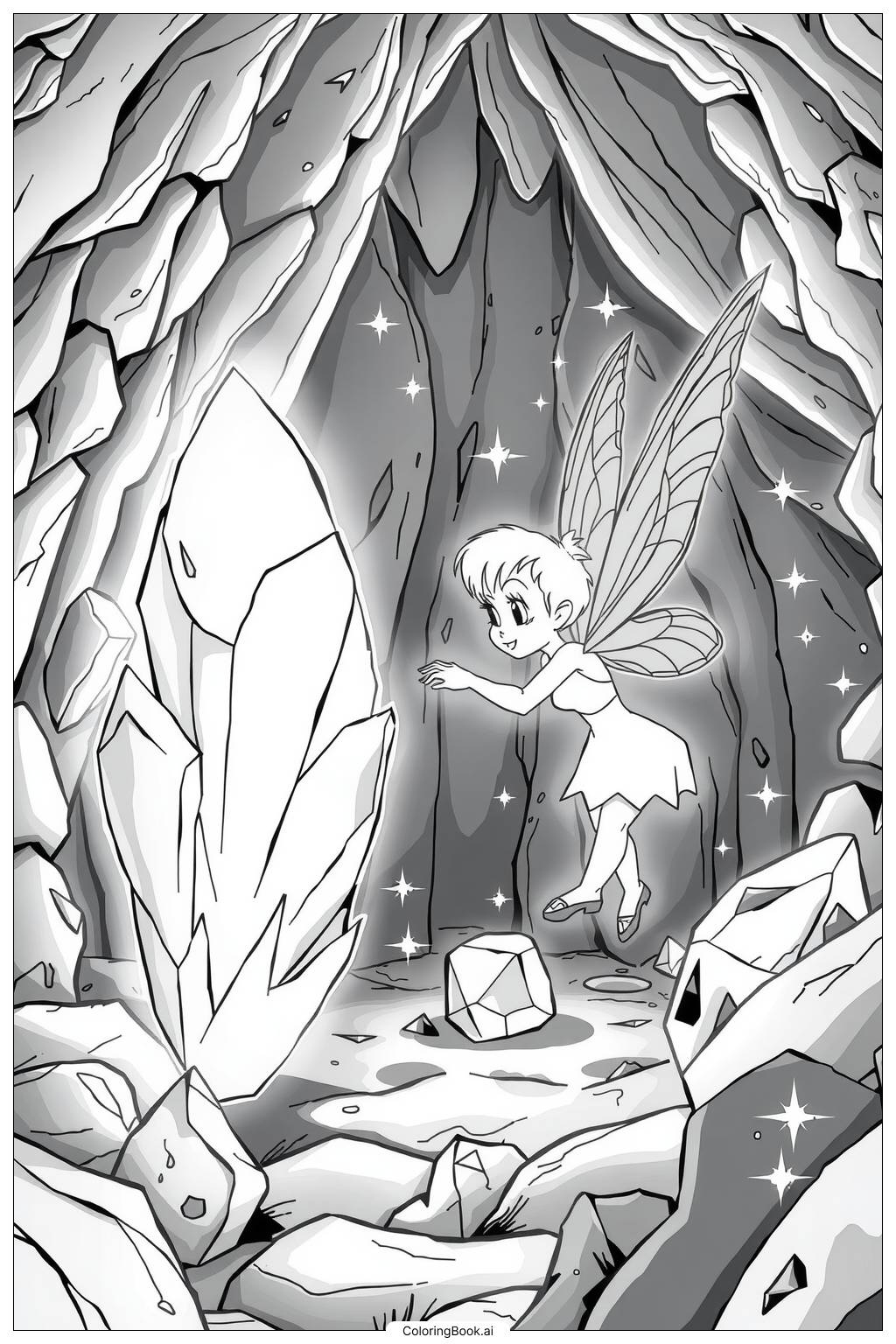 Tinkerbell Exploring A Glowing Cave Full Of Crystals Coloring Page Free PDF PNG Printable 