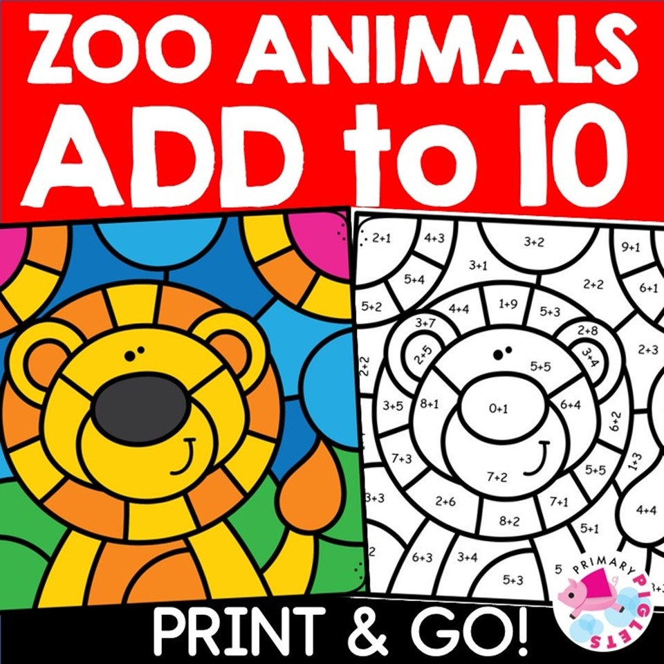 Zoo Animals Math Coloring Pages Addition To 10 Color By Number 