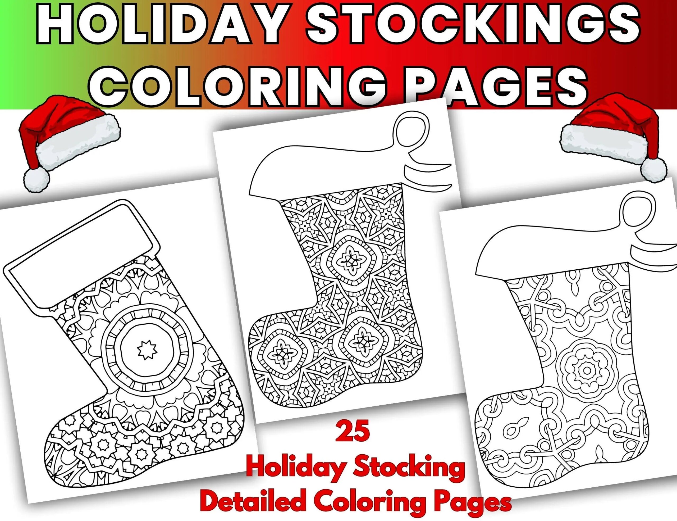 25 Christmas Holiday Stocking Coloring Pages Zentangle U0026 Mandala Style Etsy