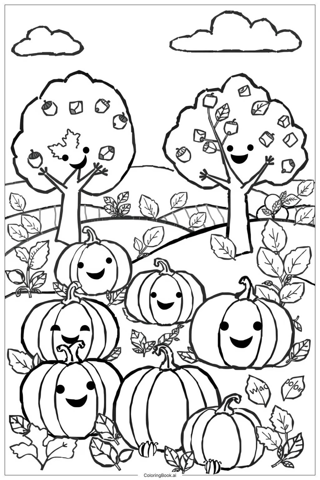 Autumn Harvest Scene With Pumpkins And Trees Coloring Page Free PDF PNG Printable 