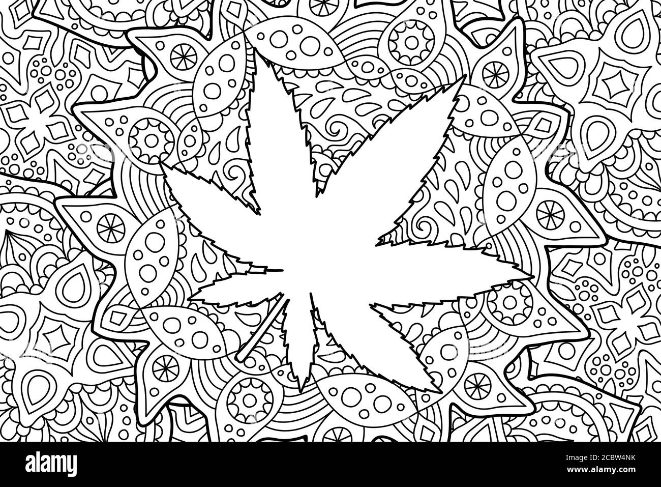 Beautiful Adult Coloring Book Page With White Cannabis Leaf Silhouette Stock Vector Image Art Alamy