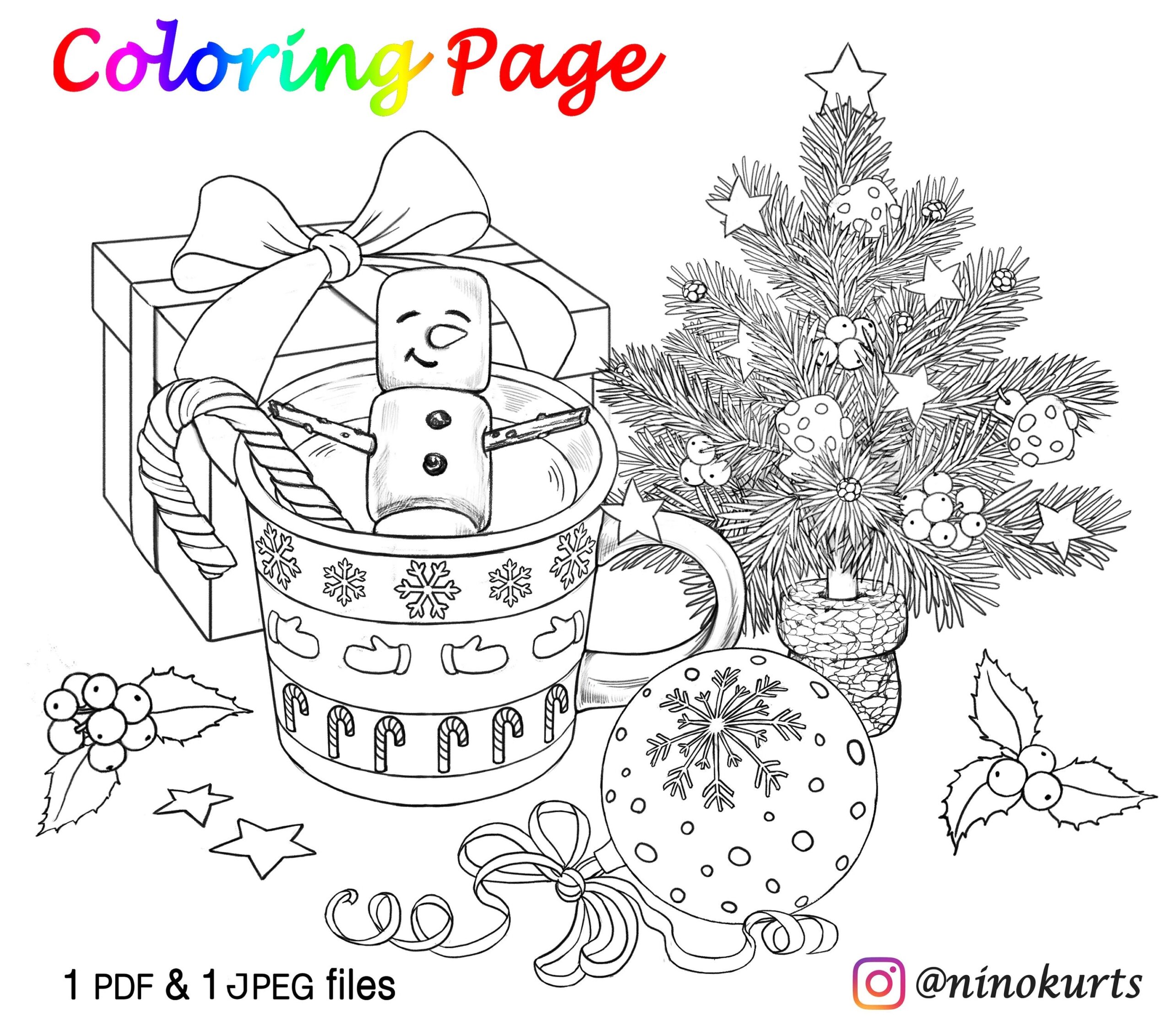 Christmas New Year Line Art Digital Coloring Page Download Grayscale Illustration Printable JPG U0026 PDF Files Etsy