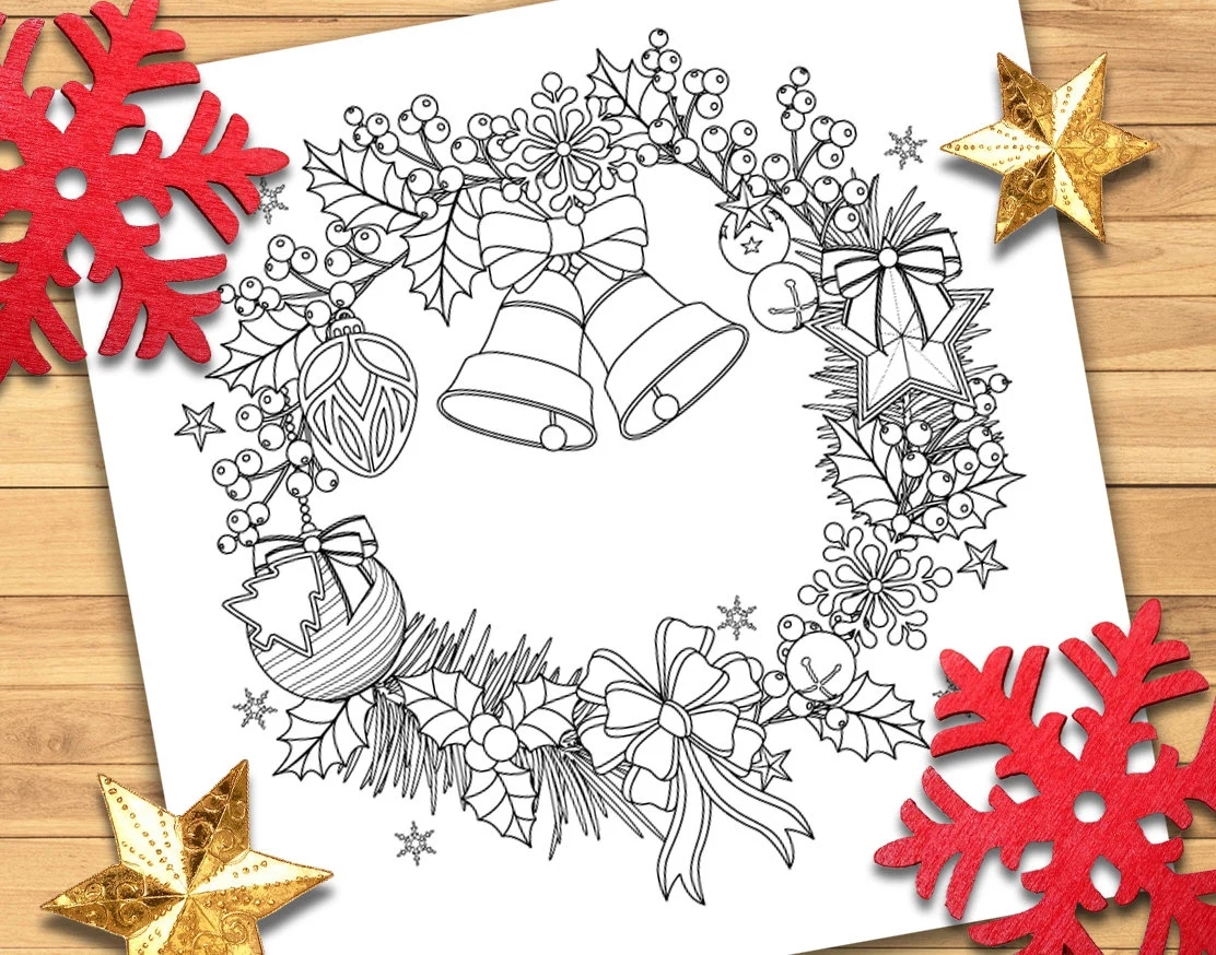 Christmas Wreath Adult Coloring Page Christmas Coloring Page Printable Coloring Page Digital Download Etsy