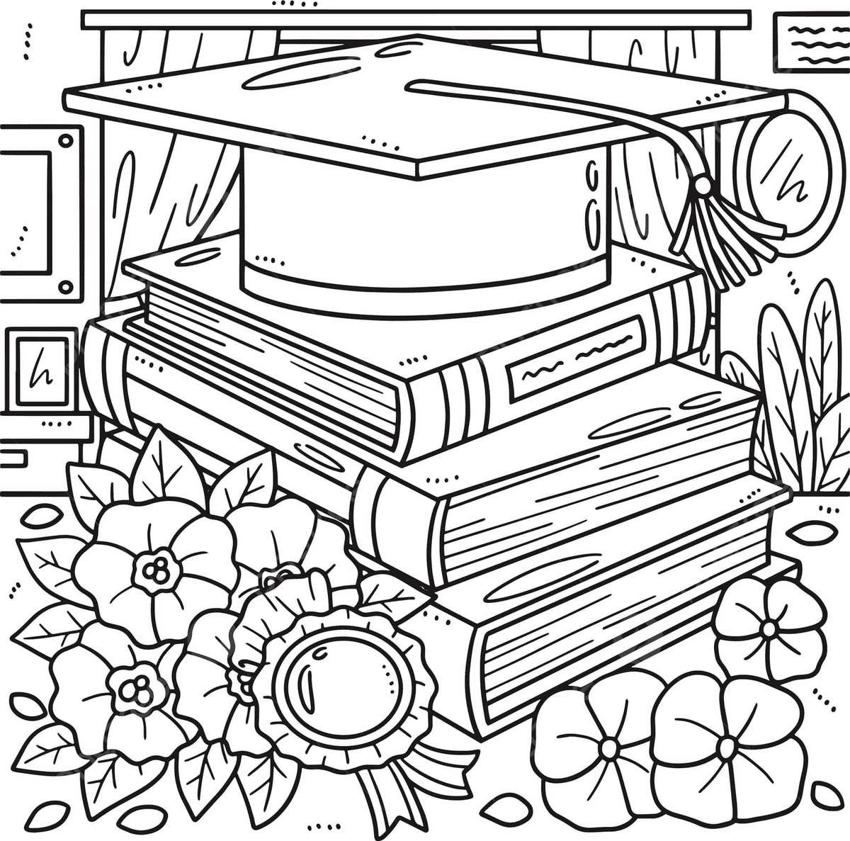 Coloring Page For Kids Graduation Cap And Books Vector Book Drawing Graduation Cap Drawing Graduation Drawing PNG And Vector With Transparent Background For Free Download