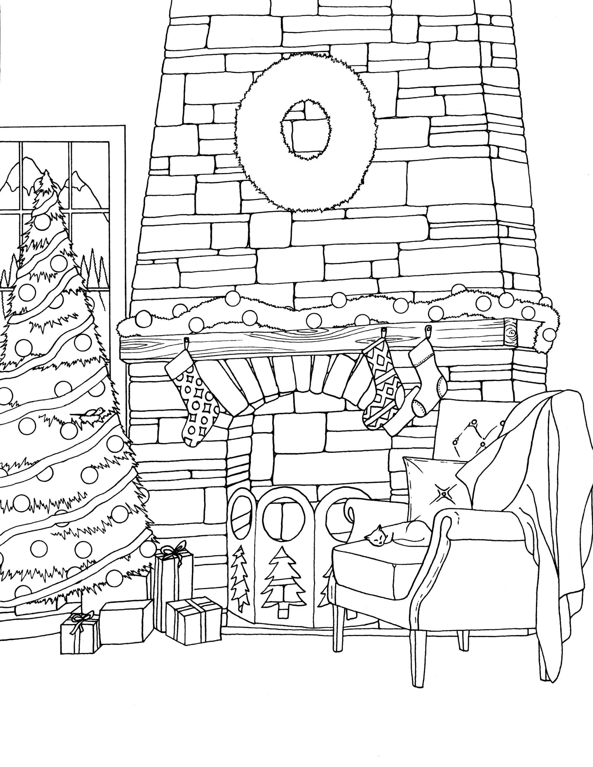 Cozy Christmas Fireplace Coloring Page With A Cat Christmas 