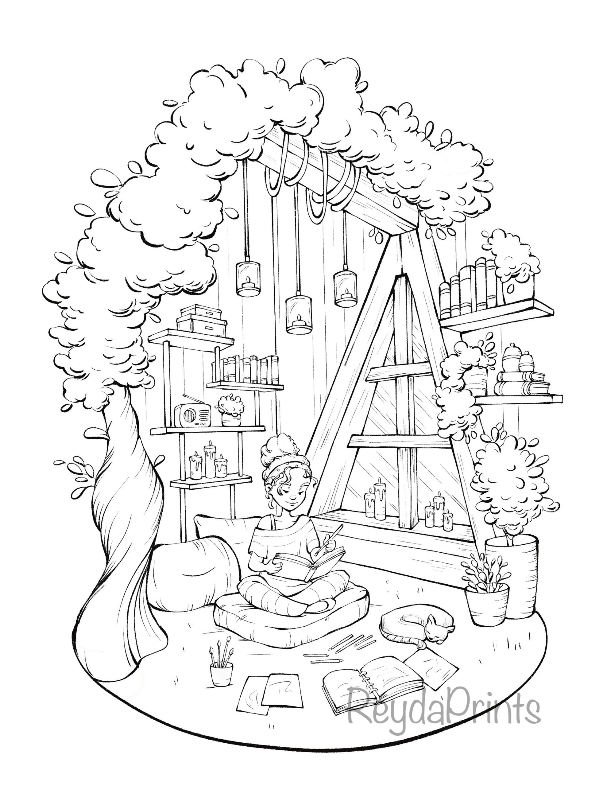 Cozy Interior Coloring Pages Digital Printable Procreate By 