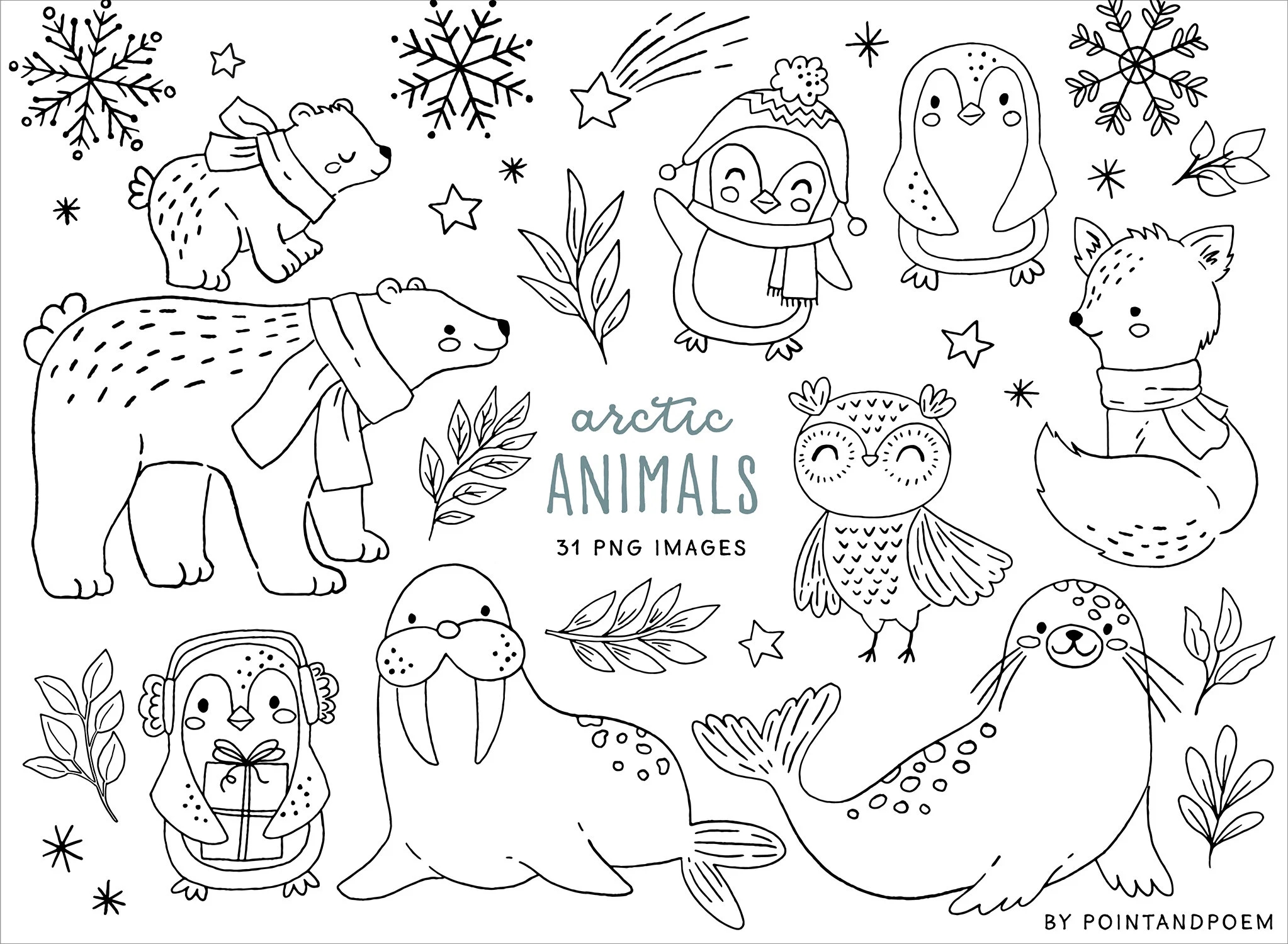 Cute Arctic Animals Digital Stamps Cute Winter Animals Clipart Coloring Winter Doodles Christmas Doodle Clipart Png Images Etsy
