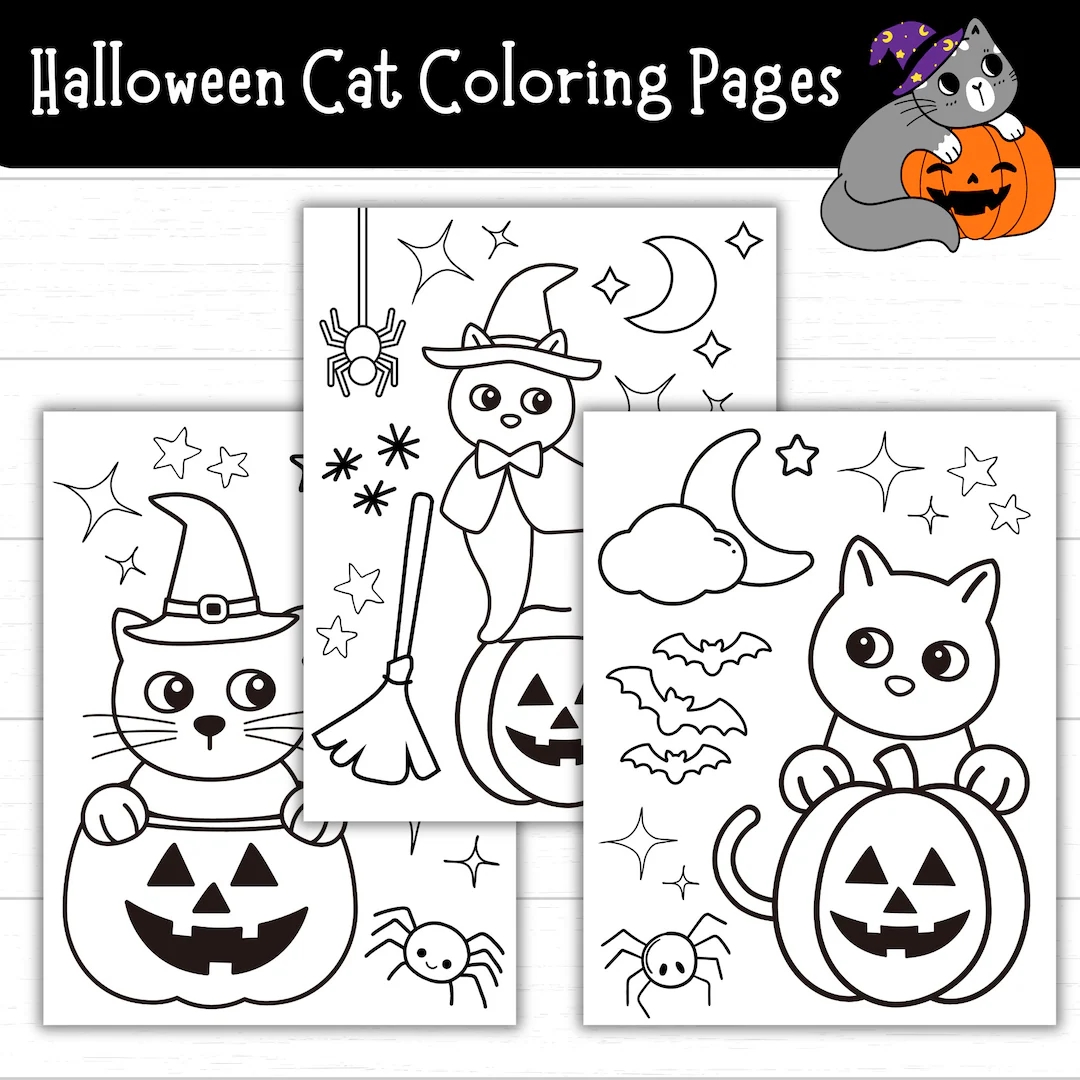 Cute Halloween Cat Coloring Pages Black Cat Coloring Pages Spooky Cat Coloring Pages Halloween Coloring Pages Witch Cat Coloring Pages Etsy UK