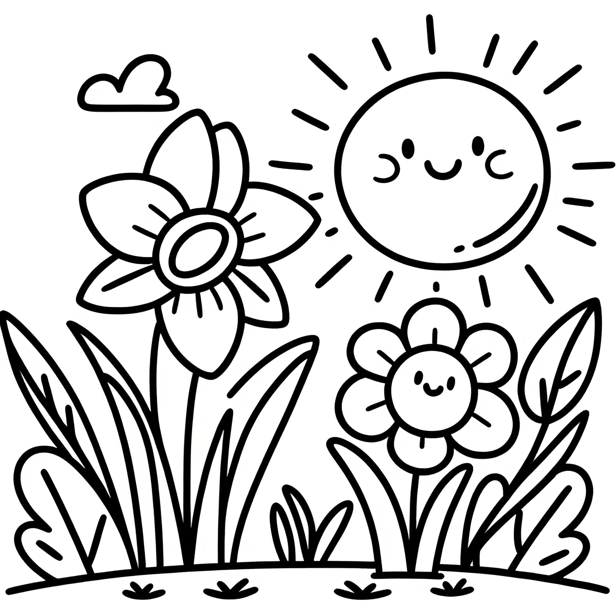 Daffodils On A Flower Meadow With Sunbeams Simple Coloring Page Free 