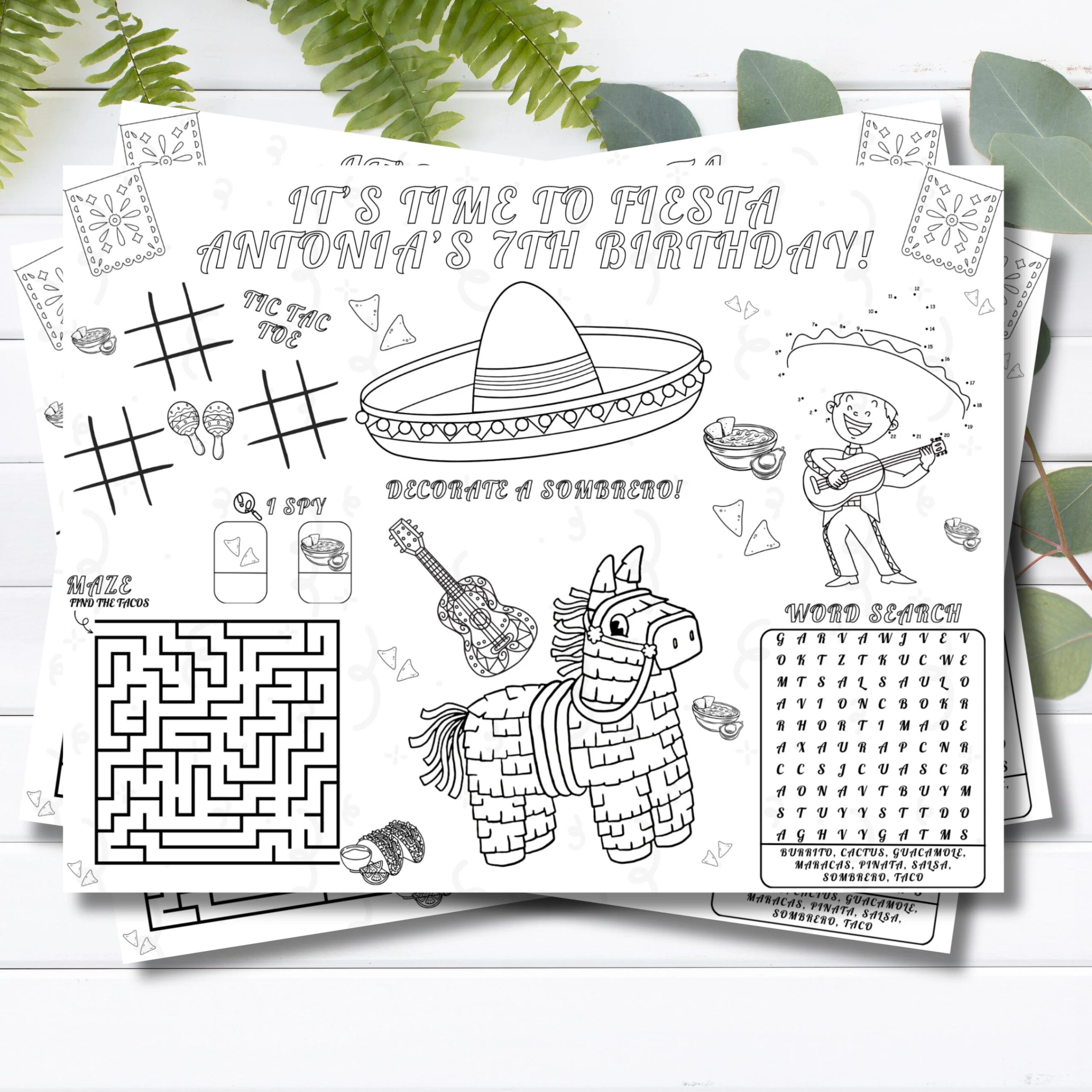 Fiesta Coloring Page Placemat Activity Sheet Birthday Kids 