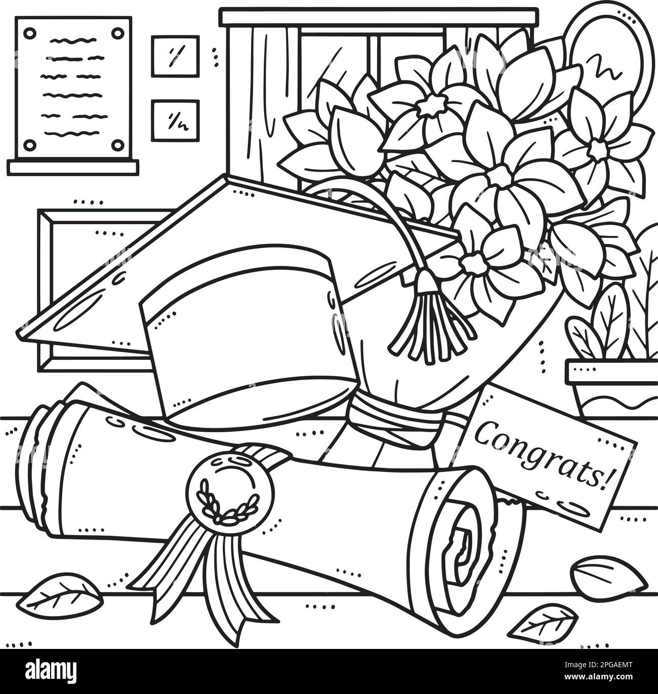 Graduation Cap Bouquet And Diploma Coloring Page Stock Vector Image Art Alamy
