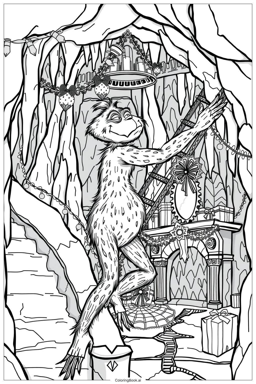 Grinch Decorating His Cave For Christmas Coloring Page Free PDF PNG Printable 