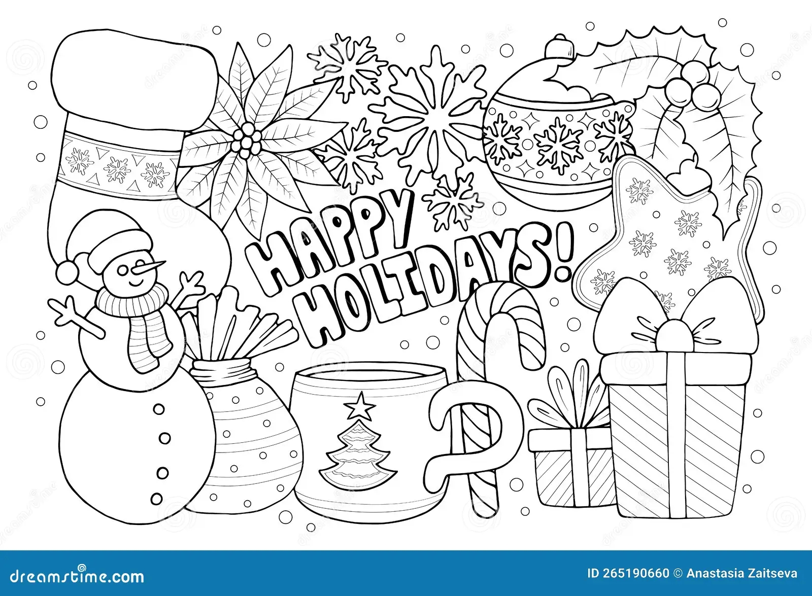 Happy Holidays Cute Anti Stress Coloring Sheet For Adult And Kids Hand Drawn Winter Holiday Themed Coloring Book Page With Cozy C Stock Vector Illustration Of Coloring Phrase 265190660