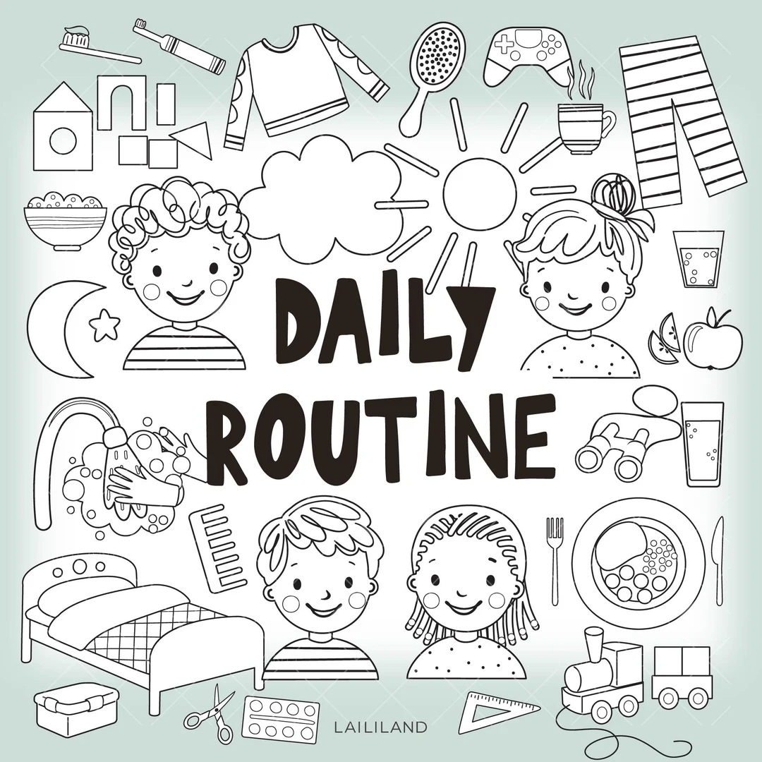 Kids Daily Routine Black And White Clipart Morning Afternoon Evening Routine Doodle Clipart Digital Download Personal Commercial Use 001 Etsy 