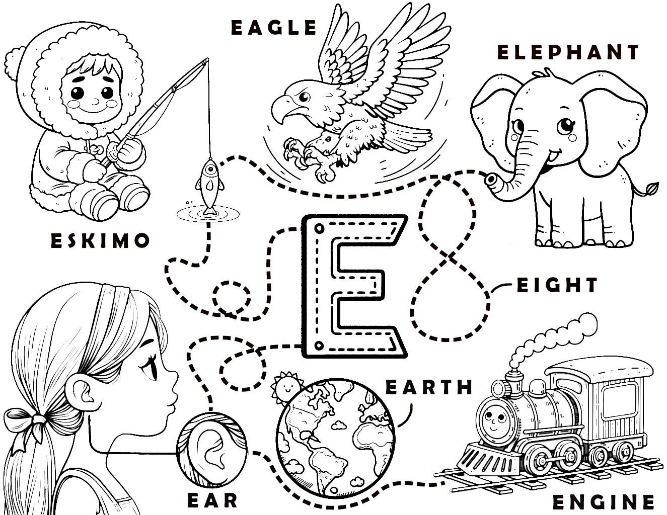 Letter E Words Learning Sheet Eskimo Eagle Elephant Eight Engine Earth Ear Coloring