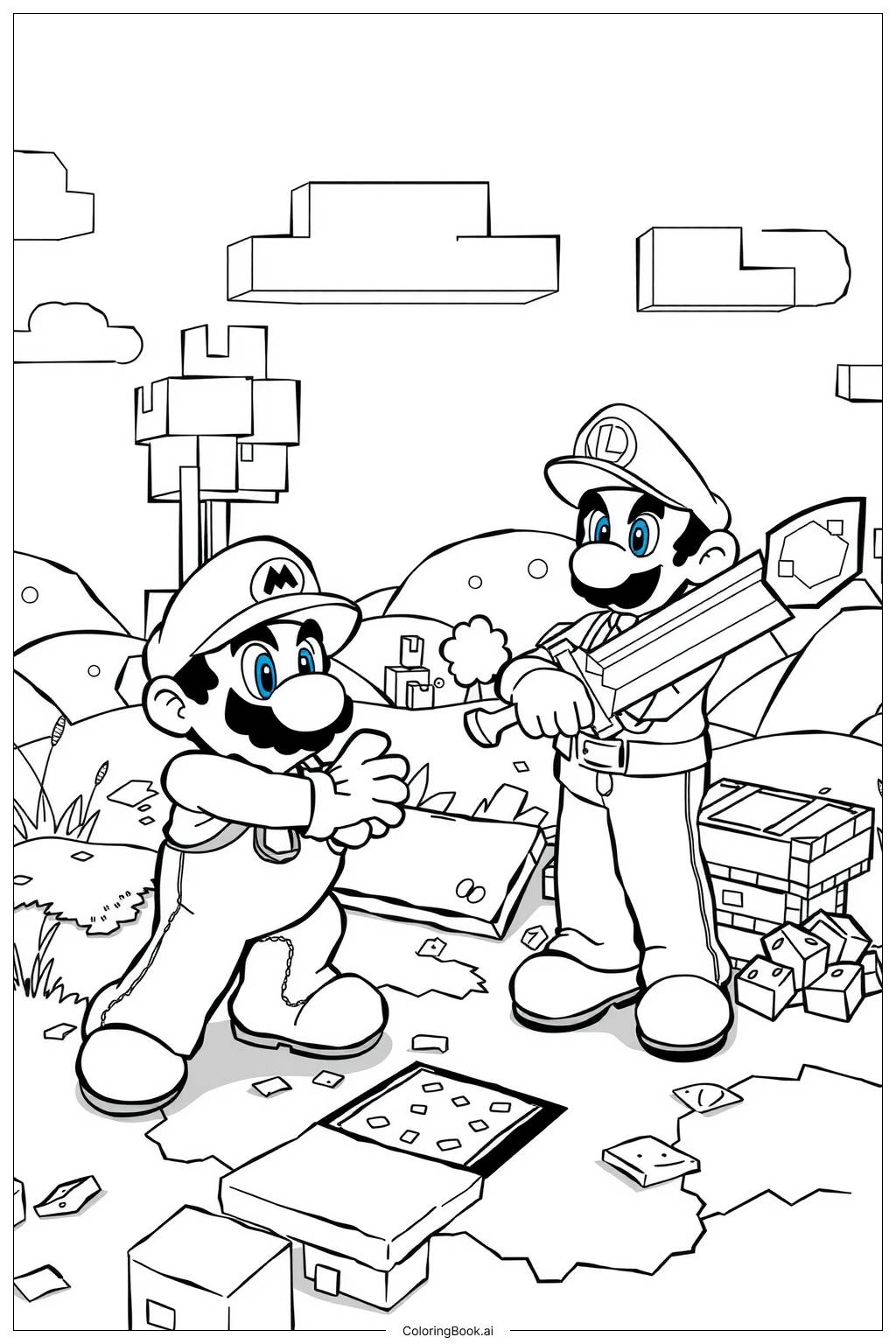 Mario And Luigi Playing In A Minecraft Inspired World Coloring Page Free PDFu0026PNG Printable Mario And Luigi Playing In A Minecraft Inspired World Coloring Page Free PDFu0026PNG Printable