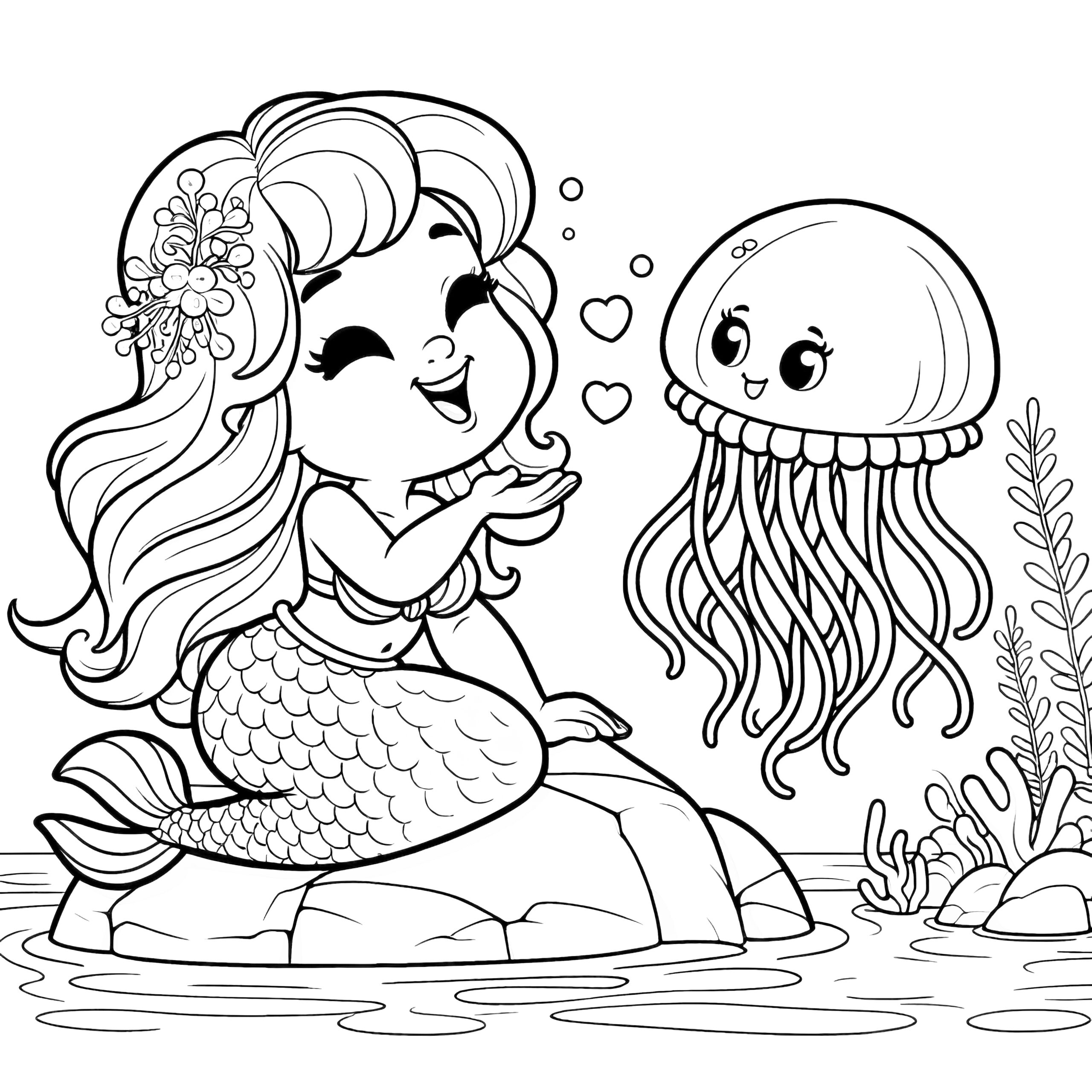 Mermaid On Rocks With Jellyfish Free Coloring Page