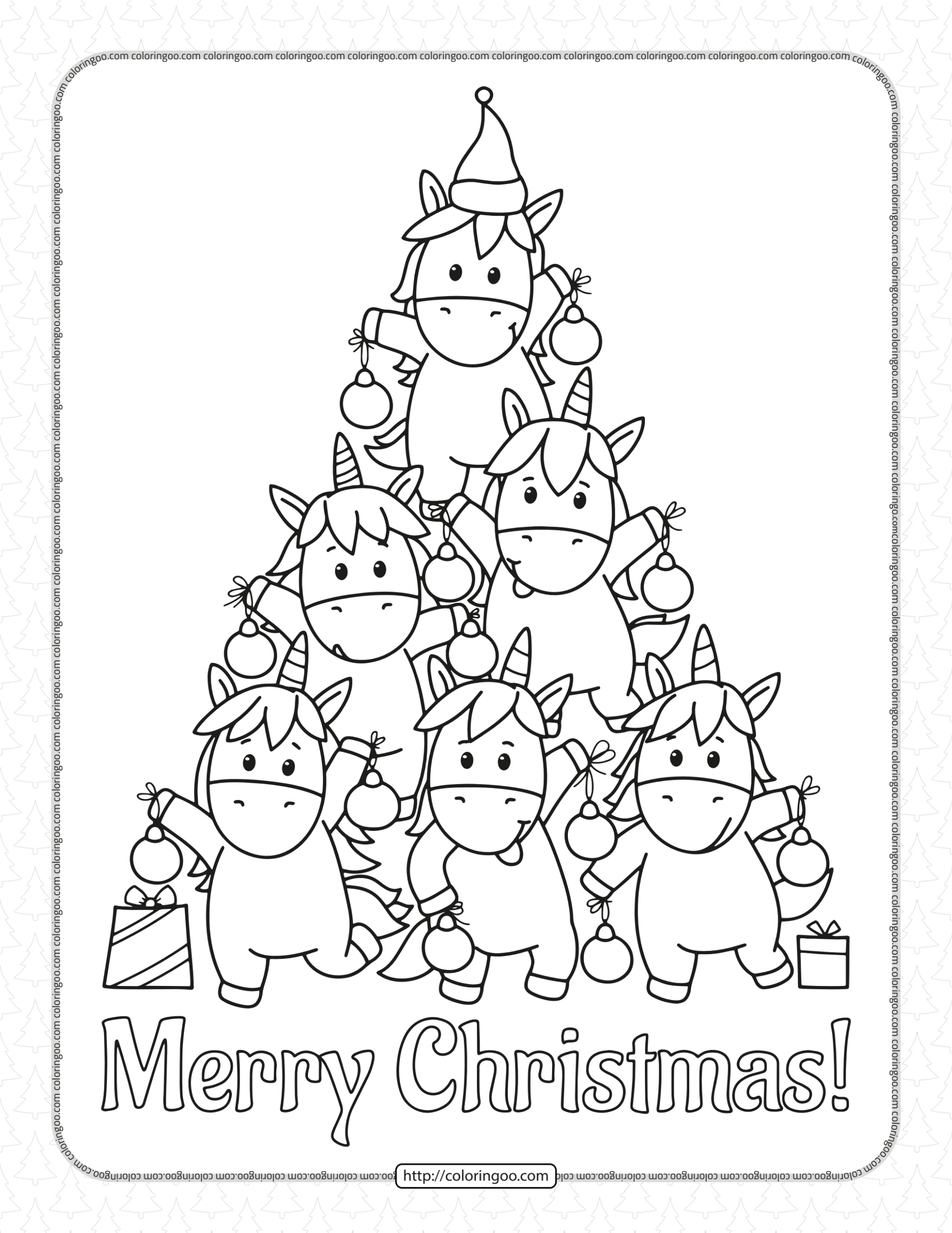 Merry Christmas Unicorn Tree Coloring Page